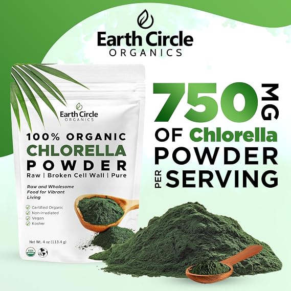 مسحوق الكلوريلا العضوي من Earth Circle Organics | نباتي، كوشير، جدار خلوي مكسور، غني بالبروتين والألياف والكلوروفيل | طحالب خضراء فائقة، نظيف، غير معدّل وراثيًا 4 أونصات (عبوة من قطعة واحدة)