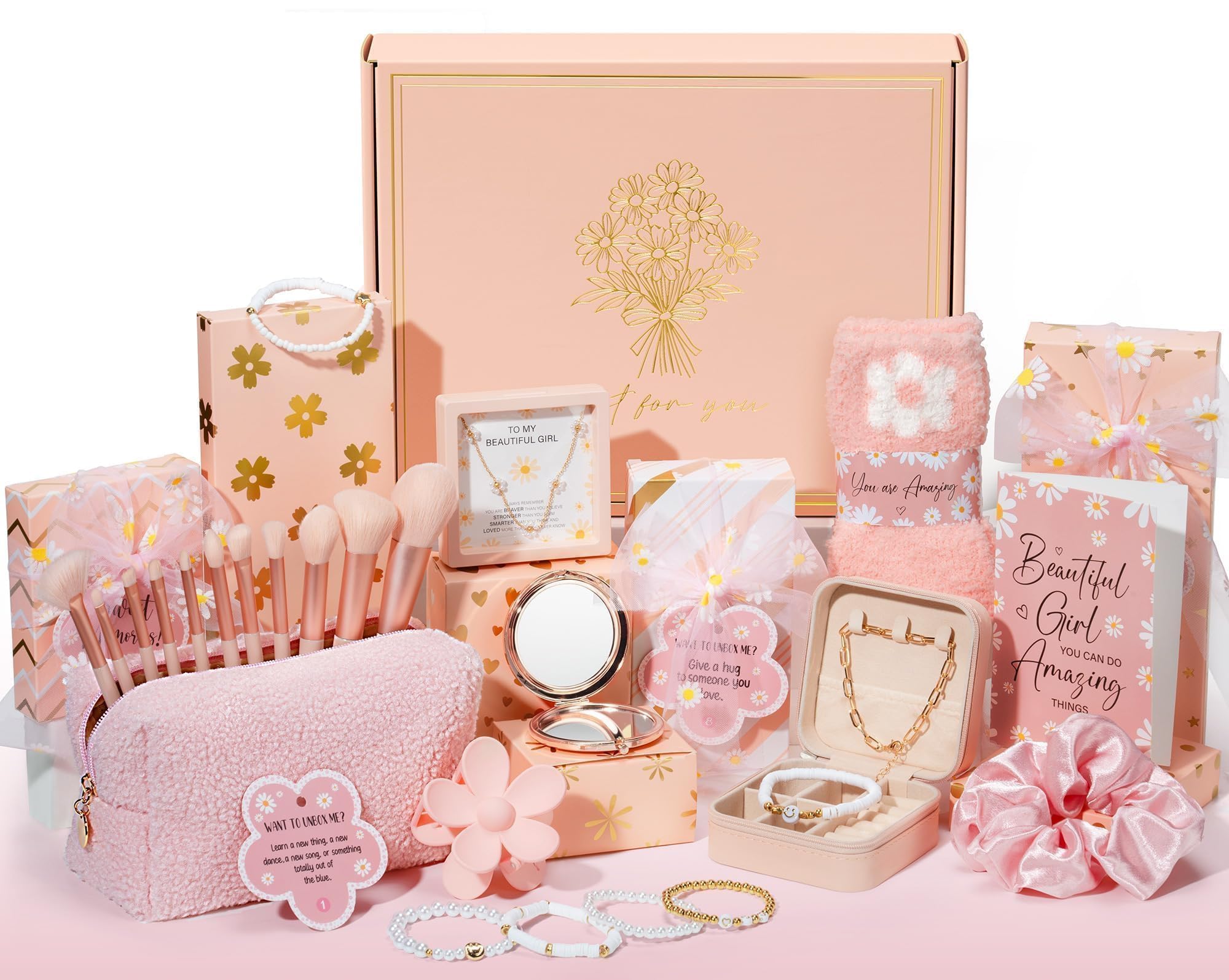 Christmas Gifts for Tween & Teen Girls - 8 PCS Birthday Gifts Basket Teen Girls Trendy Stuff w/ Fun Task Tags Make up Brushes & Bag, Empower Advent Calendar Wrapped Gifts Box for Daughter Niece Sister