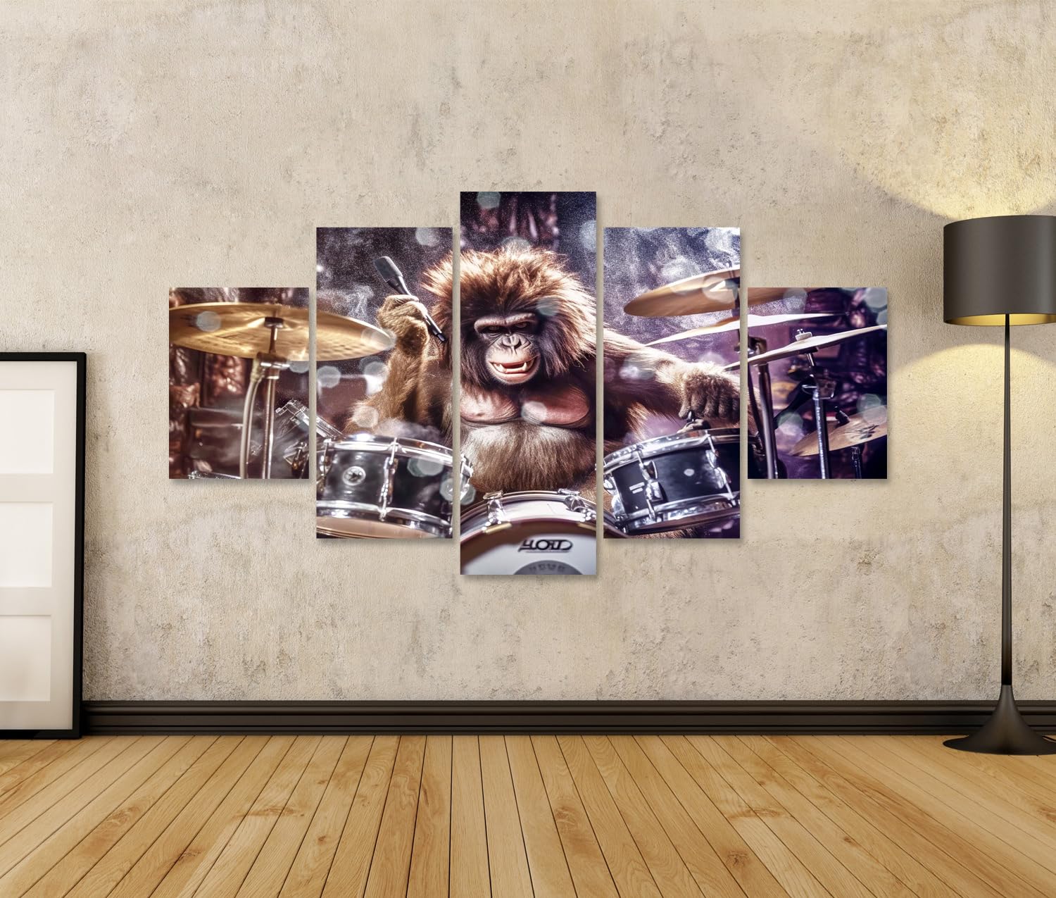 islandburner Wandbild auf Leinwand Gorilla am Schlagzeug Lustiges für Musikliebhaber - 5-teilig