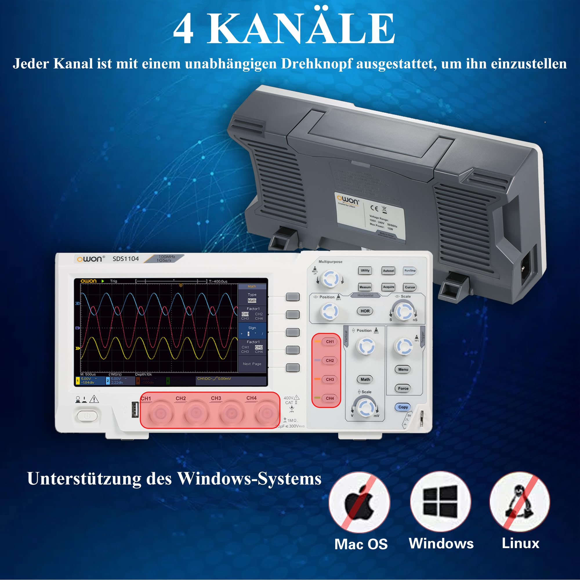 SDS1104 OWON Oszilloskop 4 Kanäle 100MHz Bandbreite Tischoszilloskop | 7" hochauflösender Bildschirm 1GSa/s Abtastrate Ultraflaches leichtes tragbares Oszilloskop