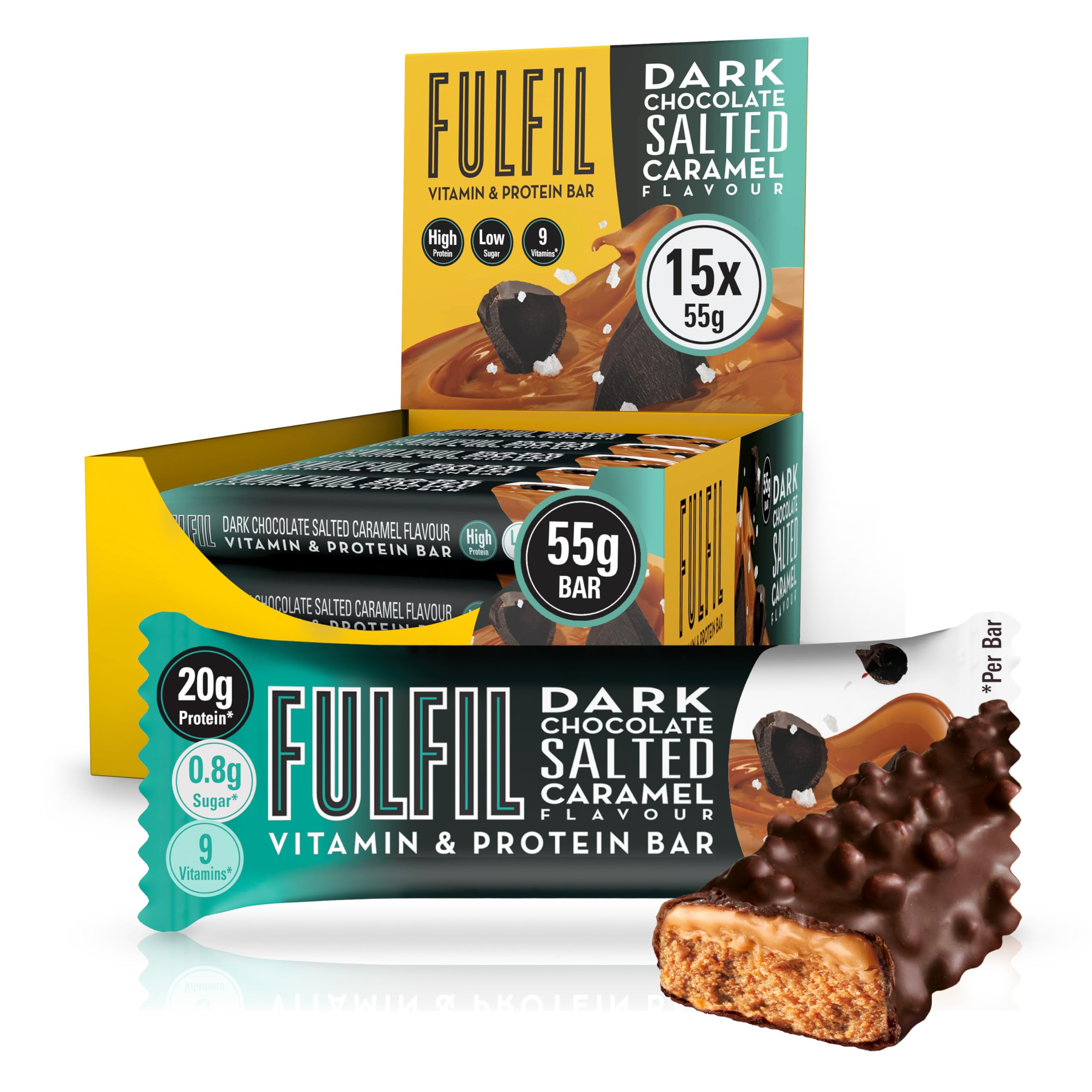 FULFIL Vitamin and Protein Bars (15 x 55 g Bars) â€” Dark Chocolate Salted Caramel Flavour â€” 20 g High Protein, 9 Vitamins, Low Sugar