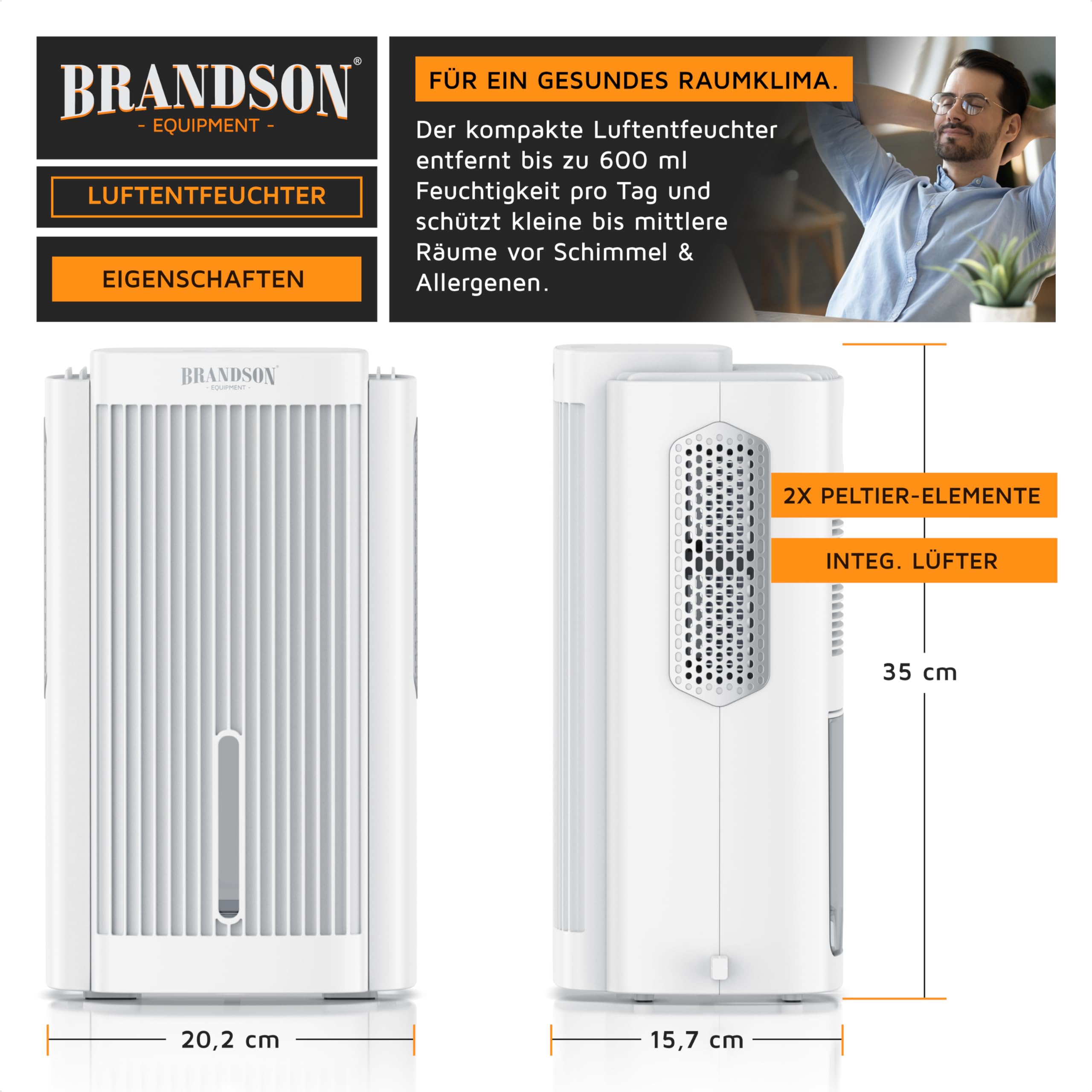 Brandson - Deshumidificador eléctrico - Deshumidificador - pequeño y silencioso - 2000 ml - Cocina Dormitorio Oficina Garaje