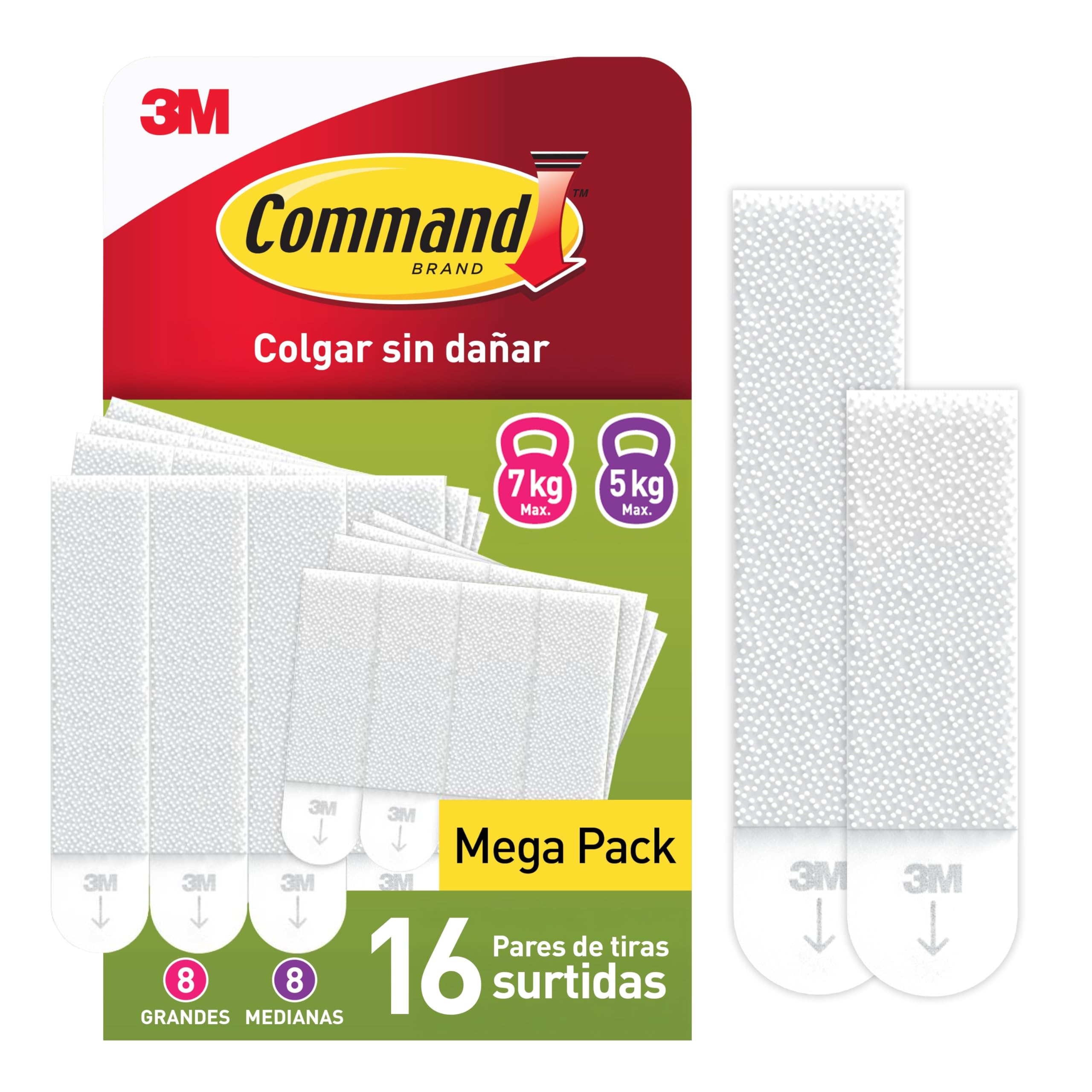 Command Tiras Adhesivas para Colgar Cuadros, 8 Pares de Tiras Medianas y 8 Grandes Blancas - Para Marcos, Espejos y Otros Adornos - Colgar sin Agujeros ni Taladrar