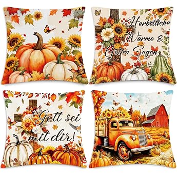 Afritee Autumn Cushion Covers 45 x 45 cm Pack of 4 Cushion Covers Autumn Pumpkin Cross Decorative Cushion Thanksgiving Cushion Cover Autumn Cushion Cover for Sofa Decoration