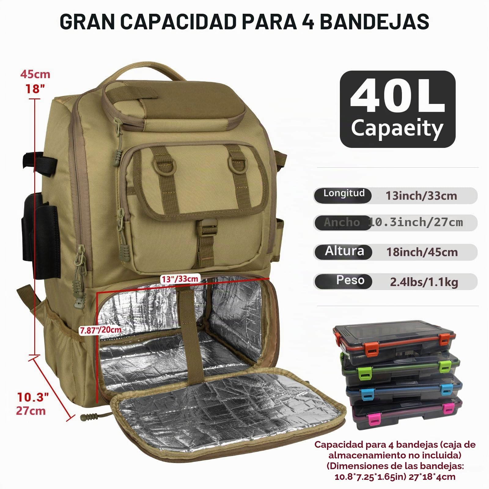 Hp hope Mochila de pesca con soporte para cañas y refrigerador, bolsa de aparejos de pesca de 40 l, equipo de pesca, mochila y equipo de pesca, Color caqui 2., 40 litros, Mochila