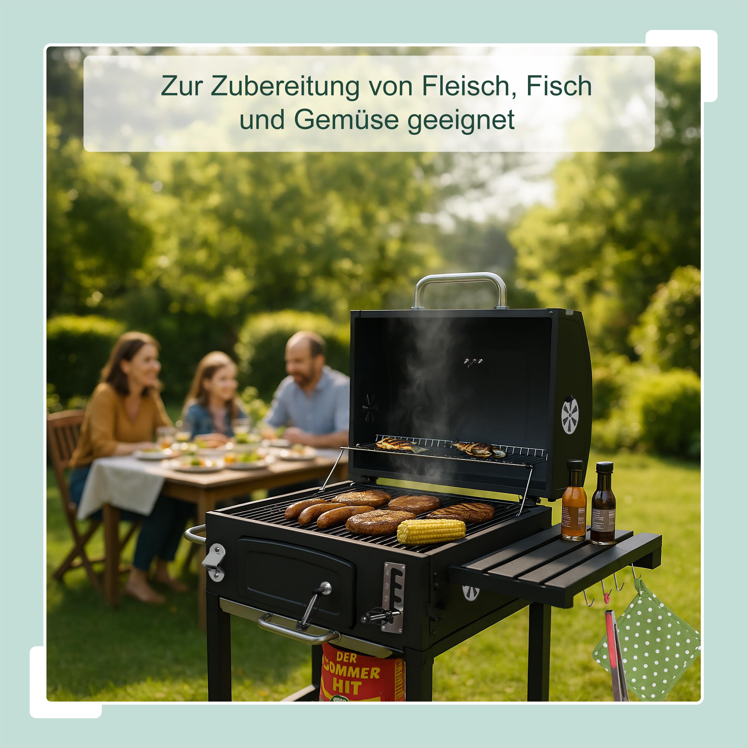 Relaxdays Holzkohlegrill Grillwagen, mit Deckel, BBQ-Grill mit Rädern, höhenverstellbar, Gartengrill XXL, schwarz/Silber
