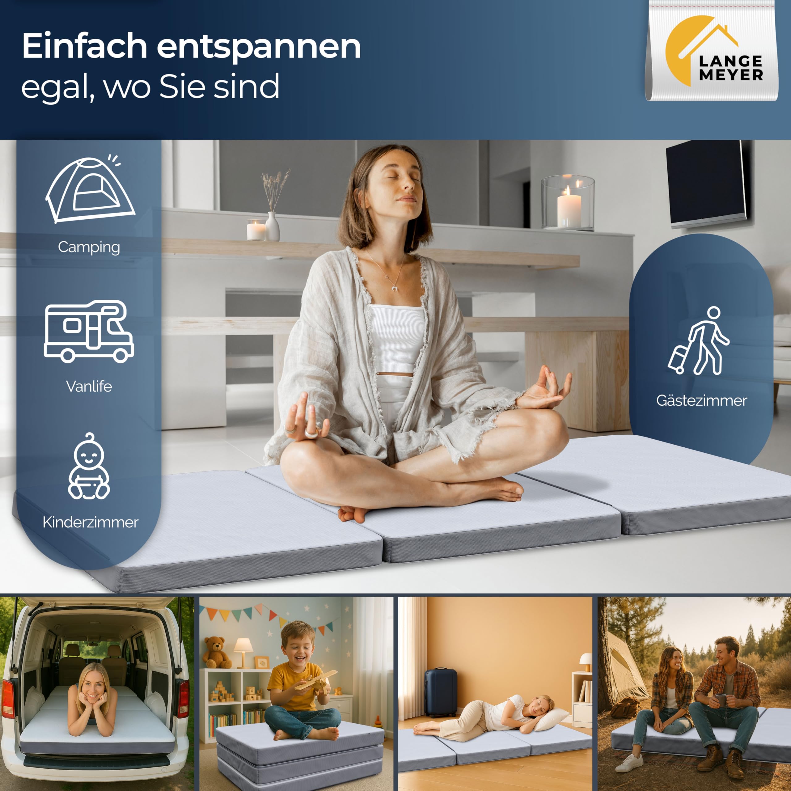 TwinComfort Klappmatratze 2 Härtegrade, 3-teilig faltbar mit Tragetasche, Gästebett & Faltmatratze für Erwachsene, Folding Mattress 90x200x12 cm