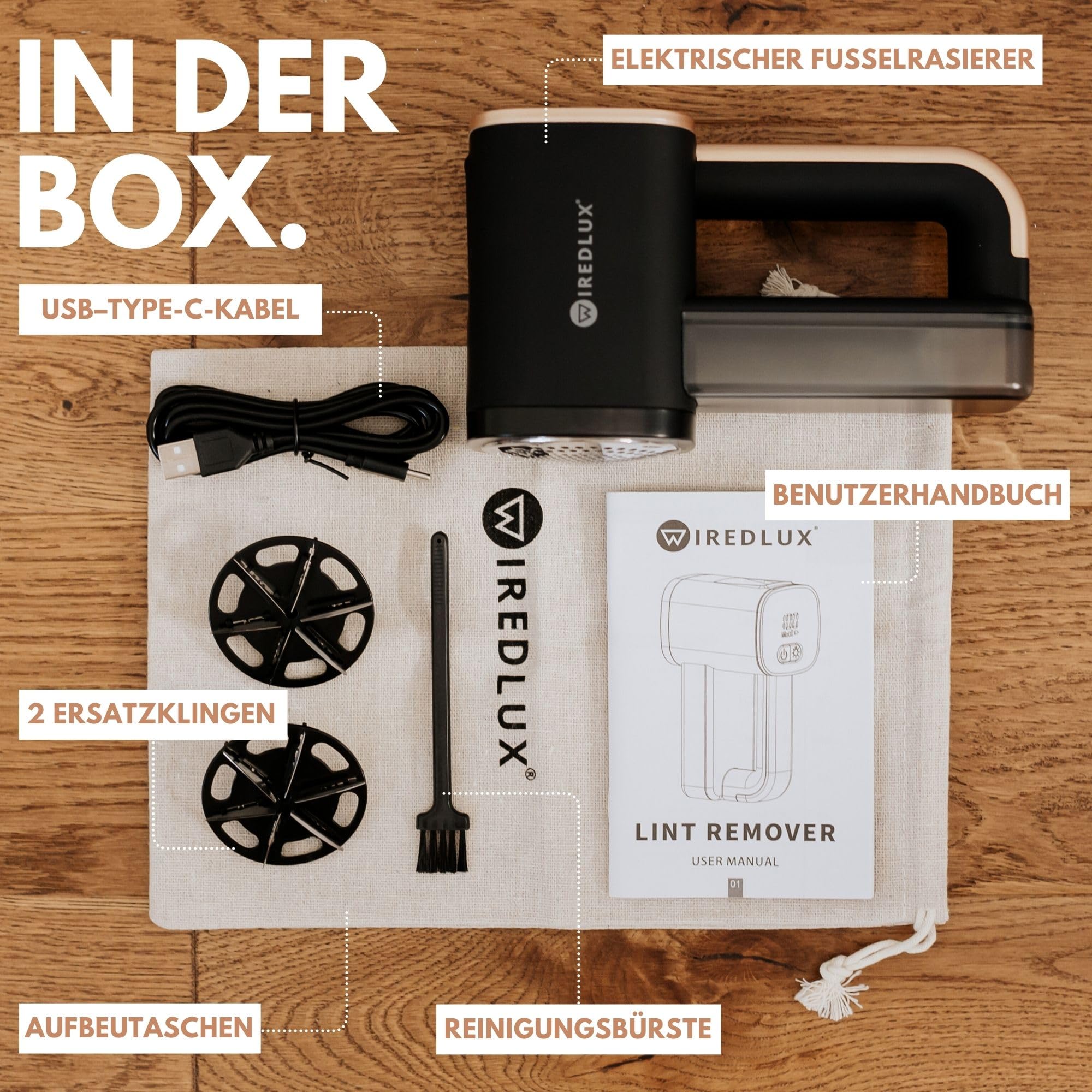 Fusselrasierer Elektrisch WiredLux - Wiederaufladbarer Fusselentferner für Kleidung & Möbel - LED-Licht, Einstellbare 3-Fach Geschwindigkeit, 6-blättrige Klinge, USB-Aufladung (Onyx/Gold)