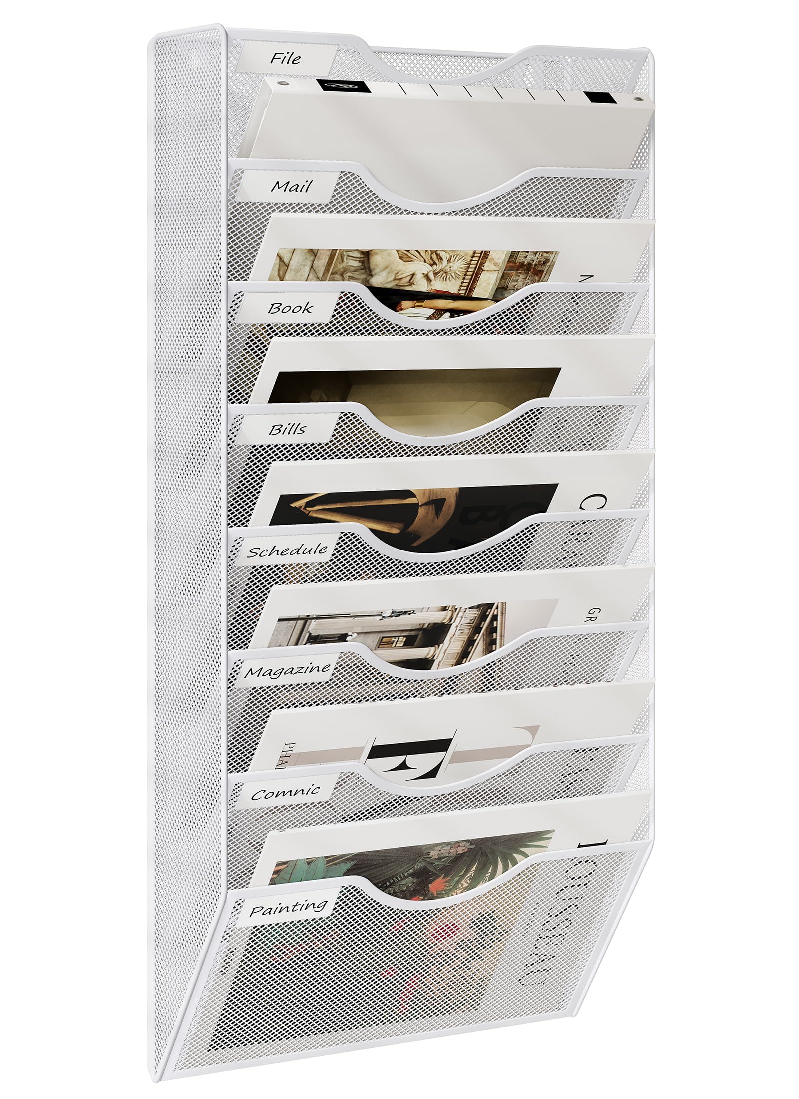 TQVAI 8-Tier Hanging Wall Files Organiser, Magazine File Holder, A4 Paper Storage, Document Holder, Wall Mounted Magazine Rack, White