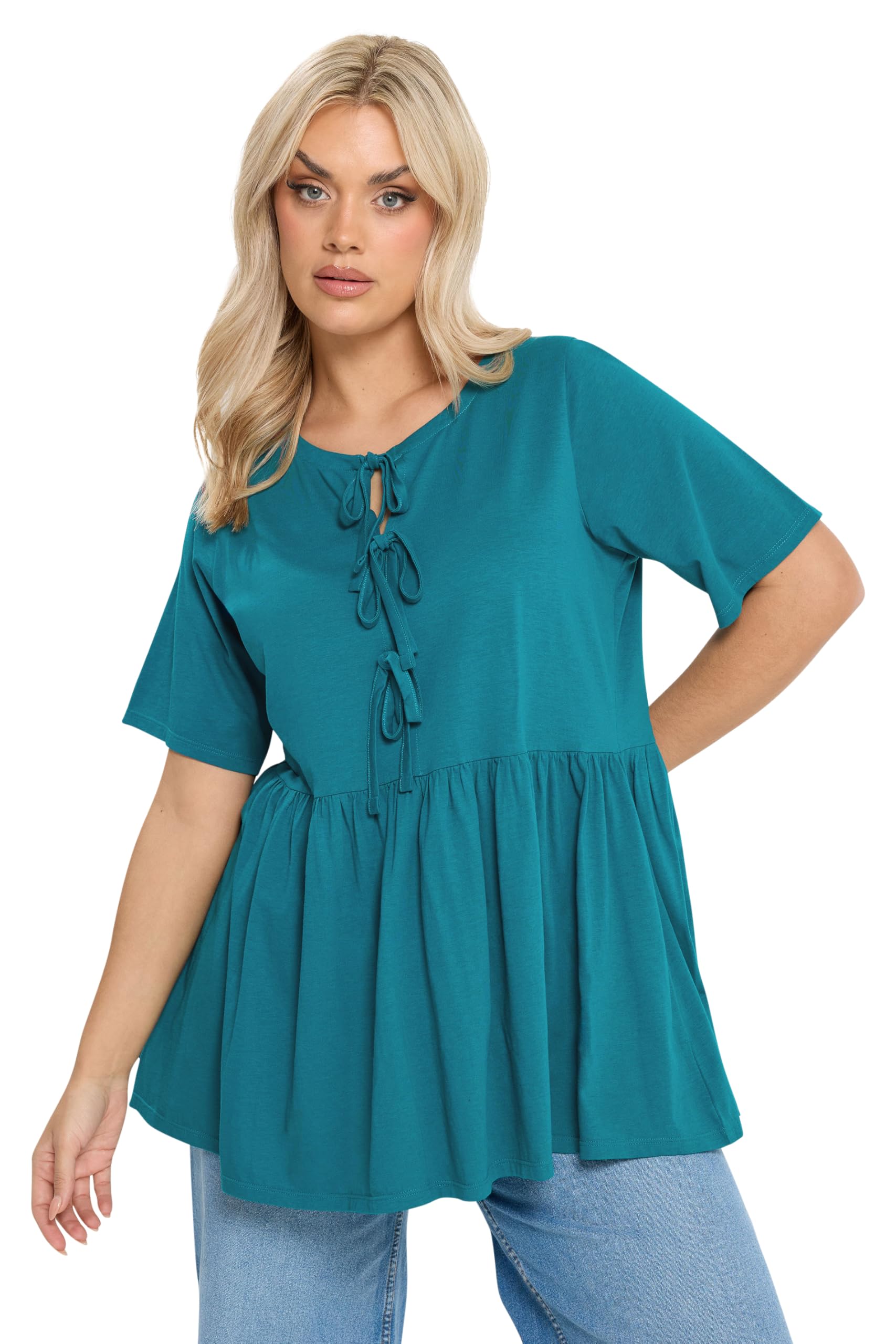 Yours Curve Blue Bow Tie Front Peplum Top - Women's - Plus Size Curve