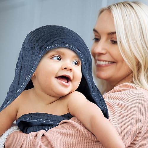 Miniatura 6 de Peryiter 6 toallas de muselina con capucha para bebé, 32 x 32 pulgadas, toalla de baño de algodón para recién nacidos, mantas absorbentes unisex