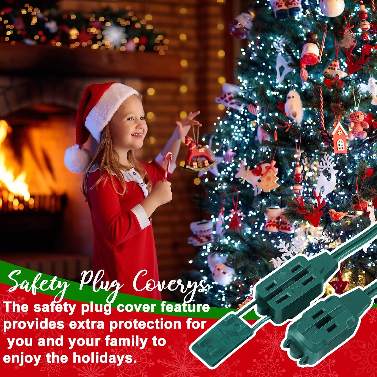 5 Pack Christmas Indoor Extension Cord 6 ft Extension Cord Outdoor with Safety Cap 3 Outlet 16gauge 2 Prong Polarized Outlets for Home Christmas Tree String Lights Decor Connect Extend (Green)