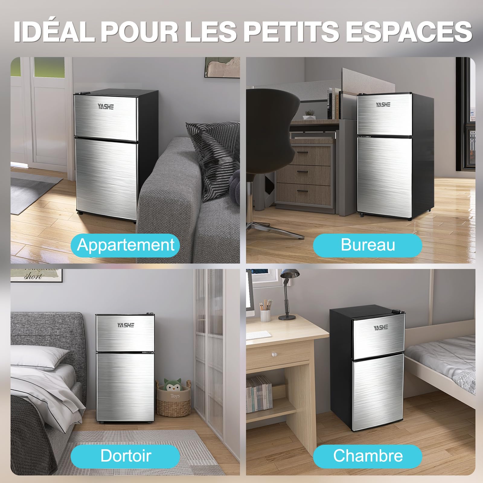YASHE Mini réfrigérateur 86 L avec congélateur, double porte, thermostat réglable 7 niveaux