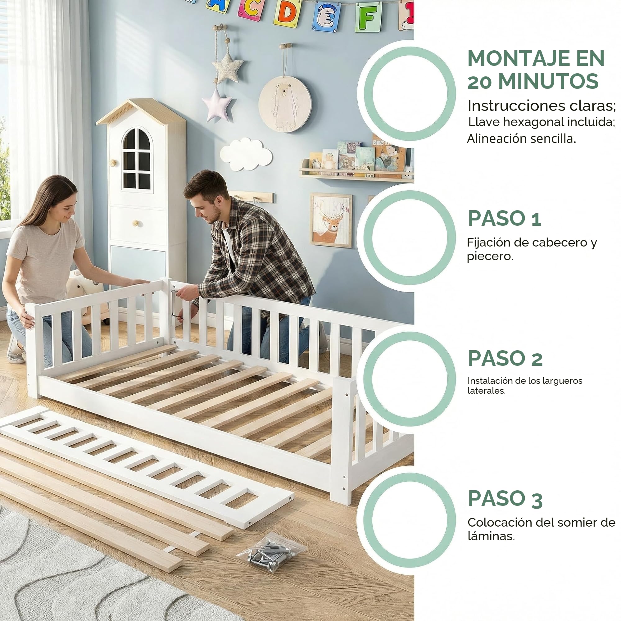 Cama Infantil 90 x 200 cm, Cama de pie con barandillas de Seguridad, somier de láminas Blancas, Apta para niños y niñas
