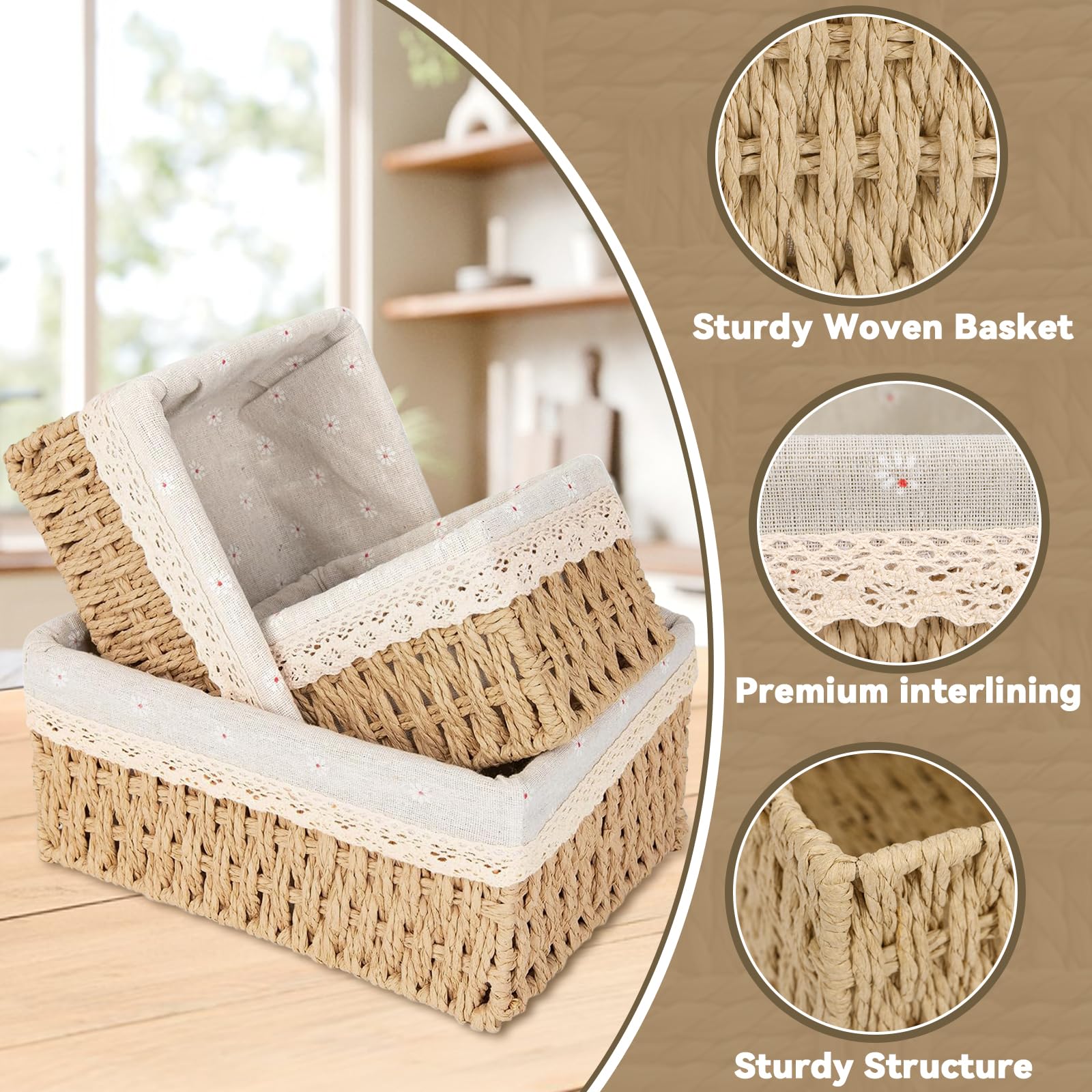 3 Paniers de Rangement Tressés, Panier Osier Empilable, Panier de Rangement pour Jouets, avec Doublure Amovible, pour la Maison, le Bureau, la Salle de Bain et la Chambre(Beige, L+M+S)