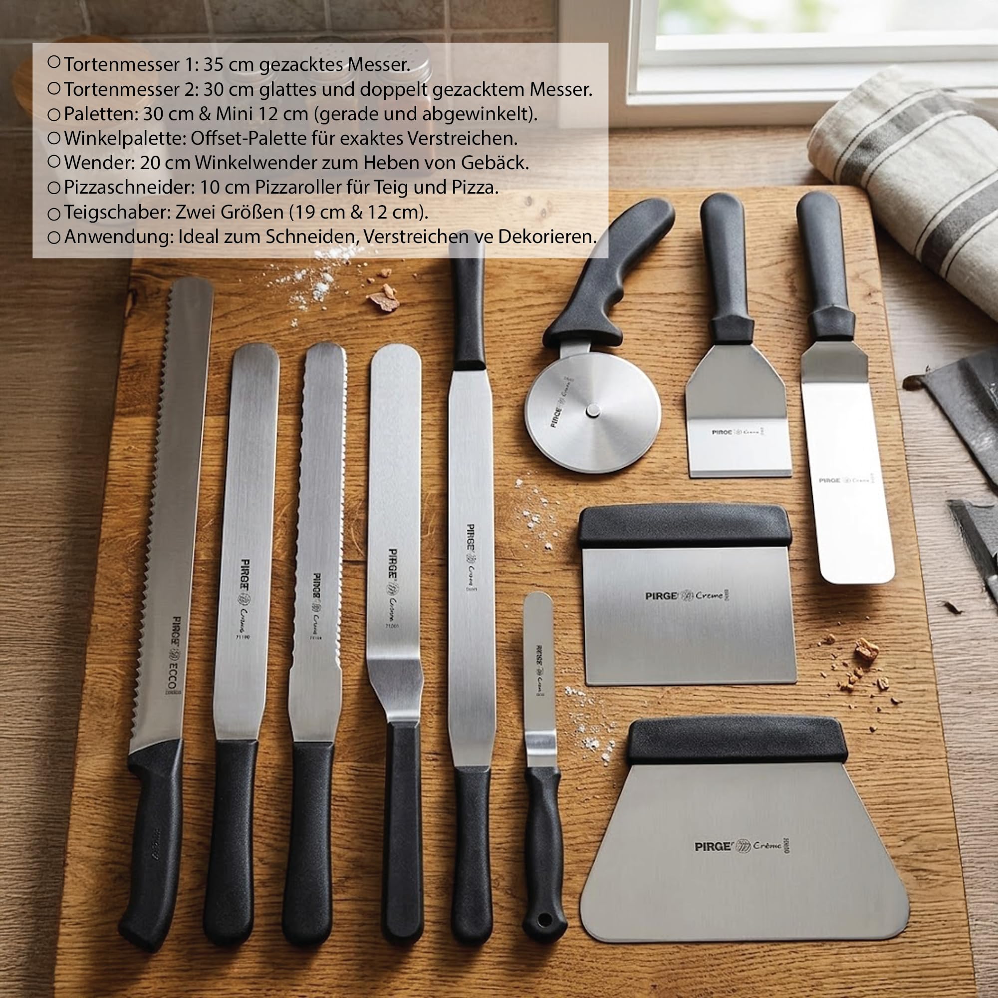Pirge Backwaren Werkzeug Set - 11 TLG Edelstahl Set für Konditoreien und Bäckereien - Tortenmesser, Winkelpaletten, Teigschaber, Pizzaschneider und mehr, Ergonomischer Griff
