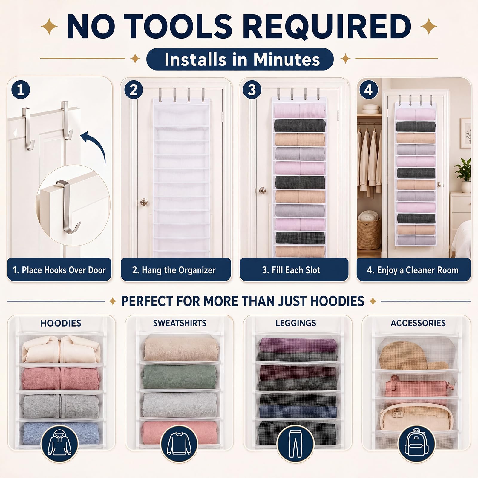 Suclain Kapuzenpullover-Organizer zum Aufhängen, zum Aufhängen, für 24 Hoodies, inklusive Haken, perfekt für Schlafsäle, Schlafzimmer, Schränke und kleine Räume, Größe 150 x 55 cm, 2 Stück