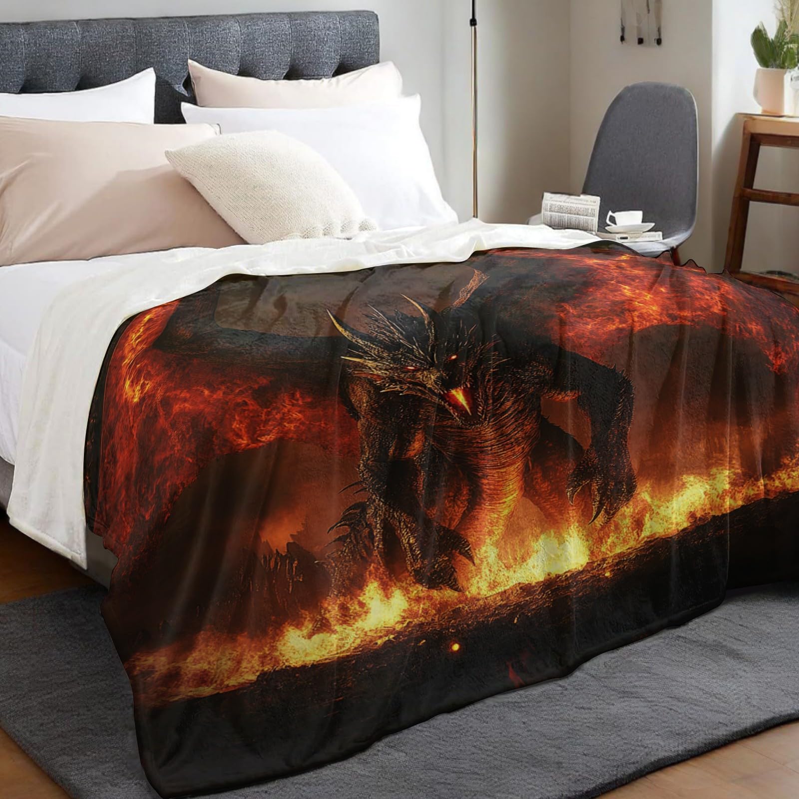 Kuscheldecke 220 x 240 cm Feuerdrache Flanelldecke Mikrofaser Wohndecke Sofadecke Weiche Decke 3D Digitaldruck für Kinder Erwachsene