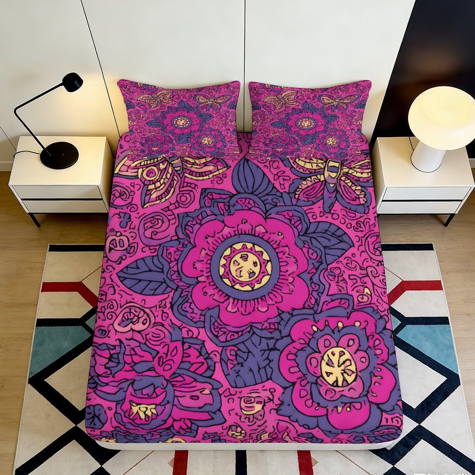 3D Printed Floral Mandala Fitted Sheet Microfiber Pink Purple Mattress Cover for Bedroom Dorm Easy Care Decor 90x200x25cm