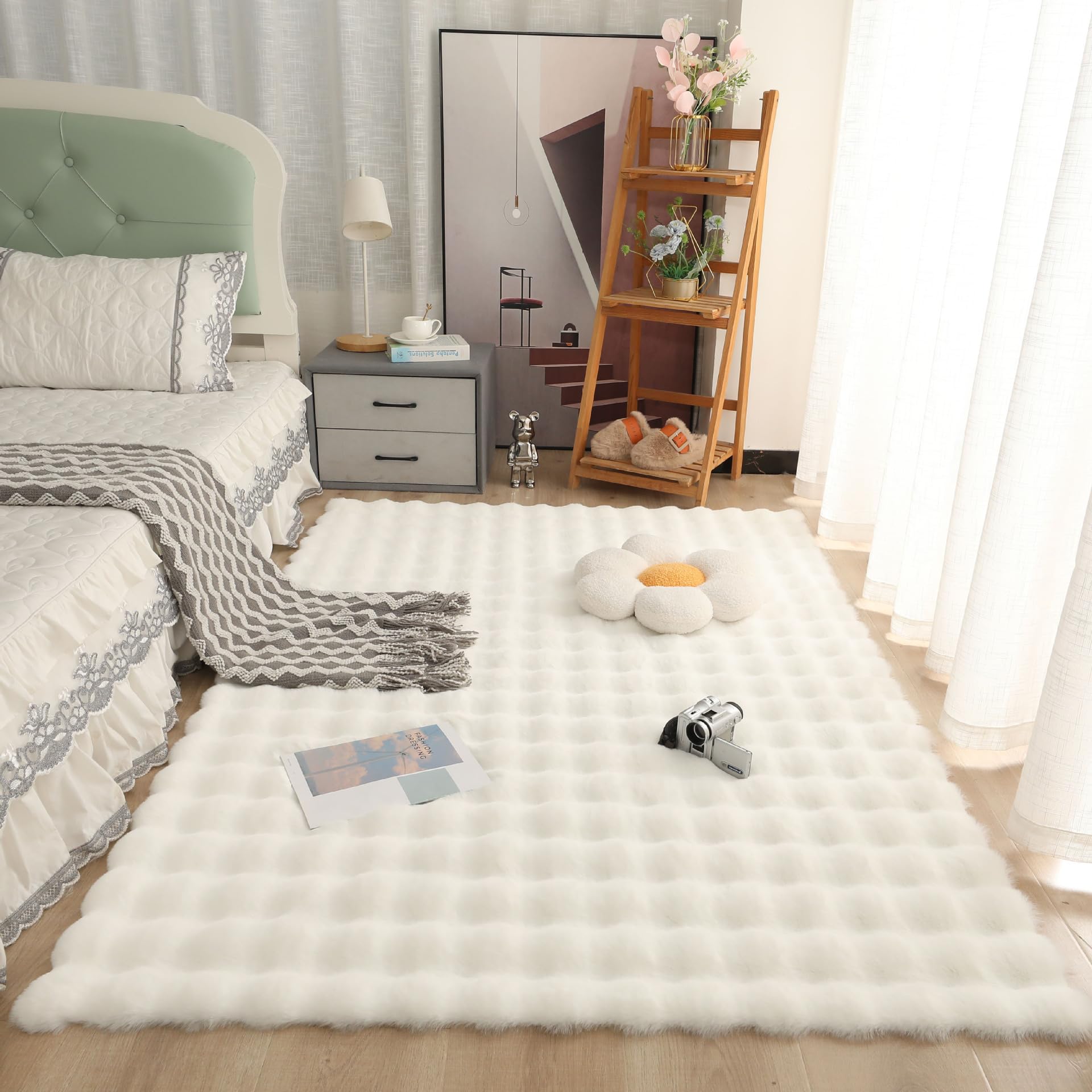 Chemin de table en peluche blanche 180x200 cm avec envers de tapis antidérapant