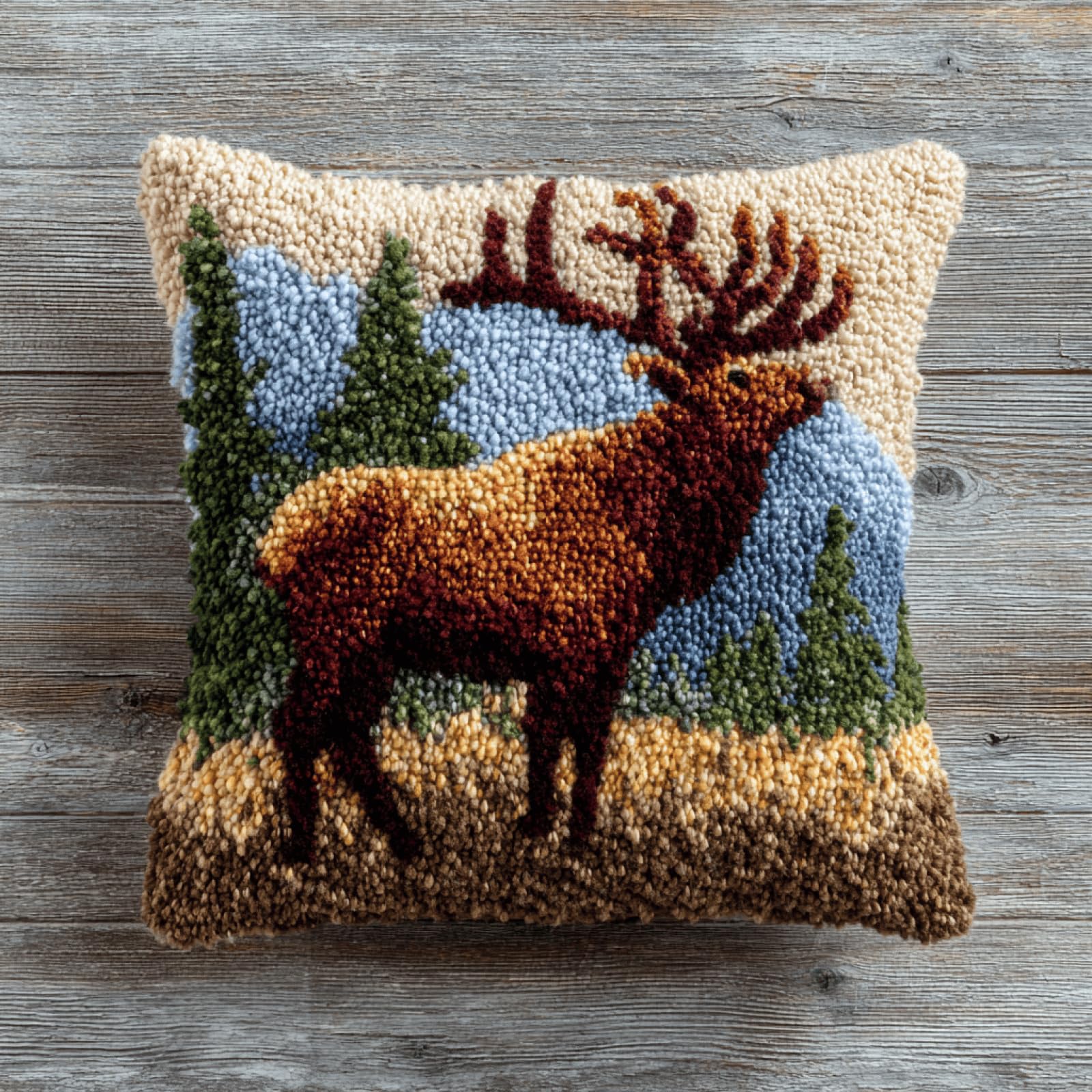 XDEGHUANGSS Latch Hook Kit DIY Elk Pillow Cover Cushion - Beginner Handmade Yarn Kit Sofa Home Decor Material Pack Gift,43x43 cm