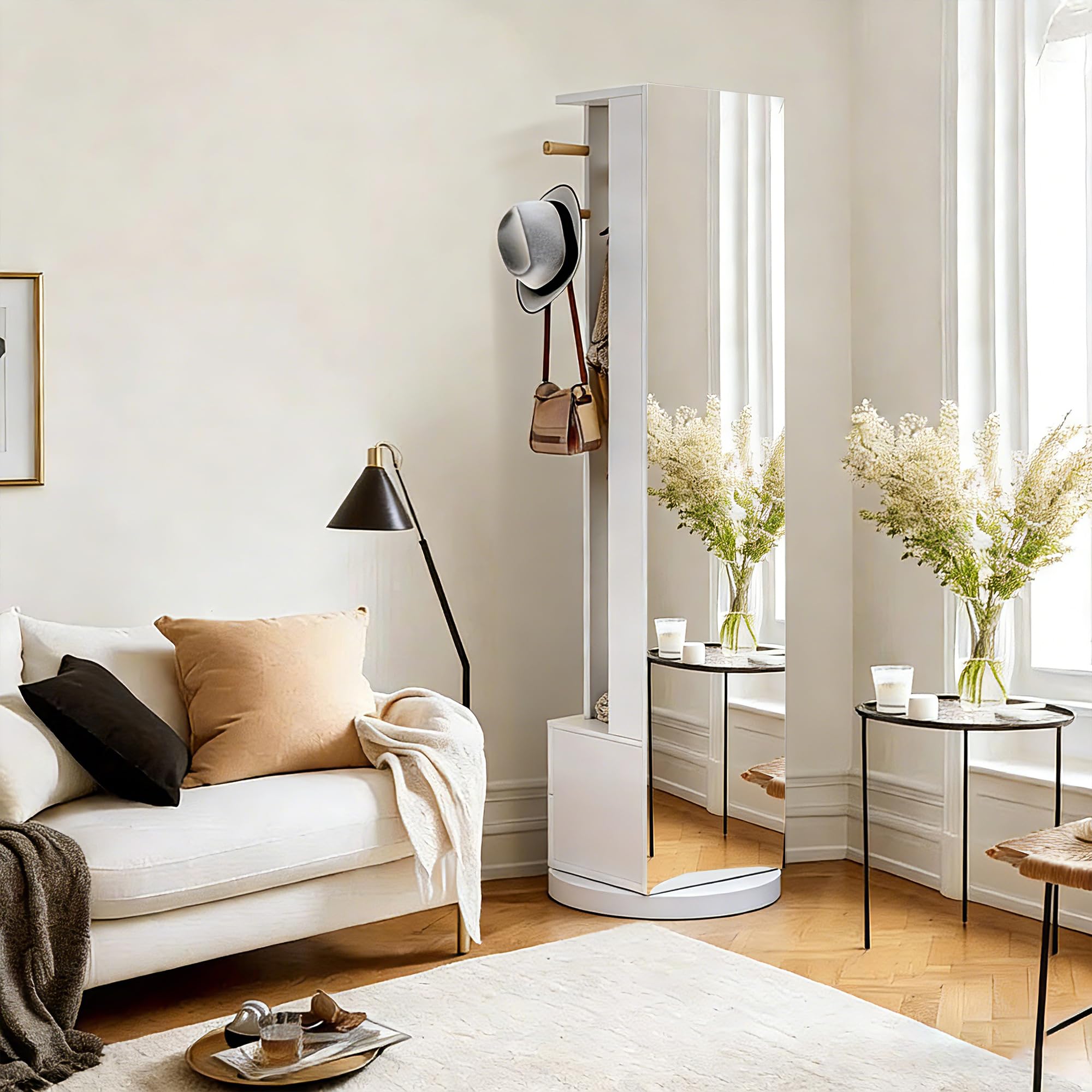 Specchio da pavimento, armadio con specchio 3 in 1 e guardaroba, con specchio girevole a 360, con 2 cassetti e 4 ganci, specchio per spogliatoio con vano portaoggetti (bianco)