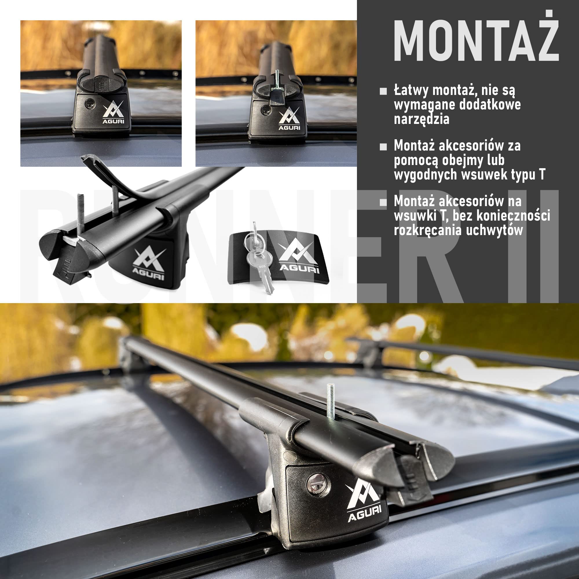 AGURI Runner II | Kompatybilny z Hyundai i30 Kombi 2017+ | Bagażnik Dachowy, Belki Dachowe | Służy do Montażu Boksu Dachowego, Uchwytu Rowerowego, Drabiny | Konstrukcja z Aluminium | TÜV