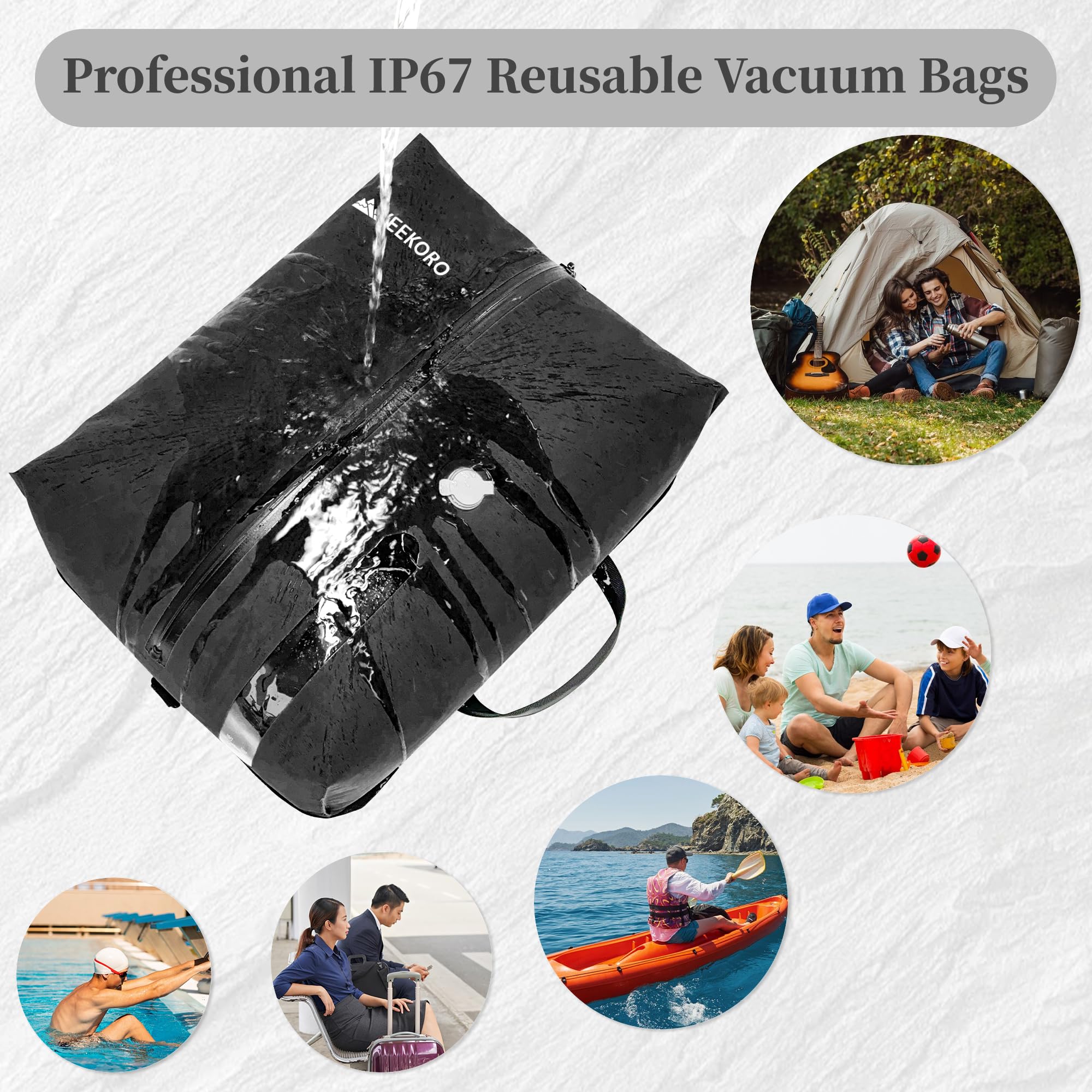 Sacs sous vide pour voyage, professionnels IP67 réutilisables, sacs de compression sous vide pour valises de voyage et sac à dos, sac économiseur d'espace durable (noir, sans pompe)