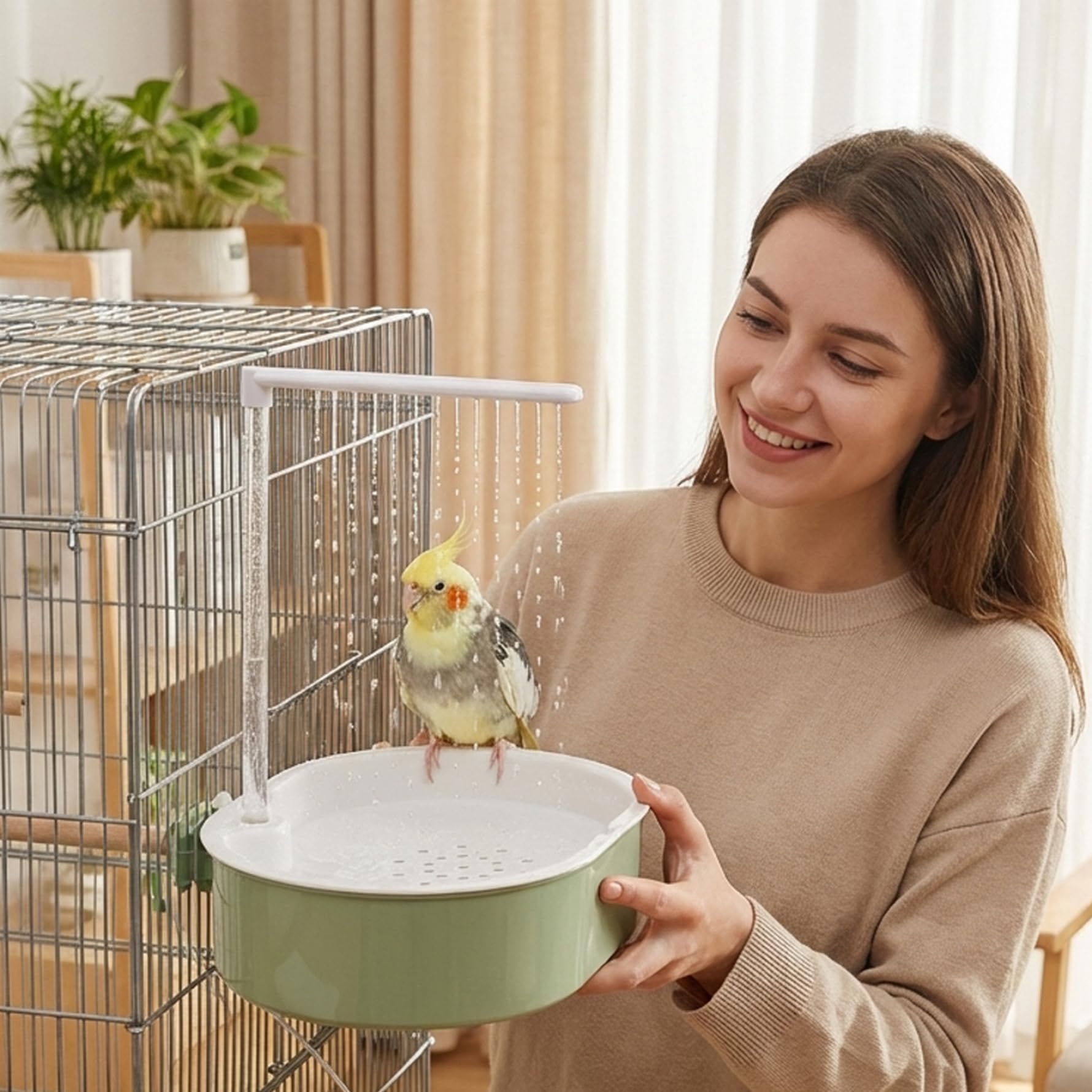 Baño para Loros y periquitos Ducha para pájaros en Jaula Ducha de Lluvia Suave para Loros y periquitos Juego Completo automático con Agua Ajustable Alimentado por USB.