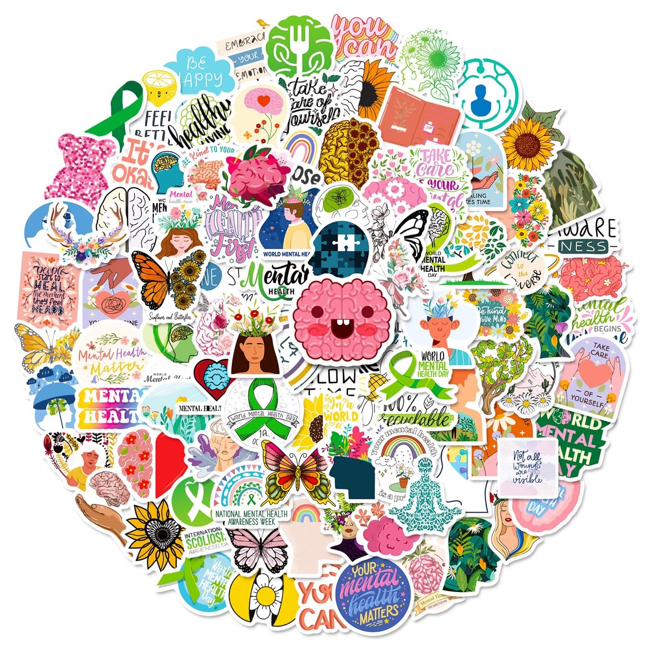 100Pcs Mental Health Stickers Mini Size Mental Health Awareness Vinyl Stickers for Laptop Water Bottles Luggage Computer Aesthetic Decal for Teens and Adults (Mental Health 1)