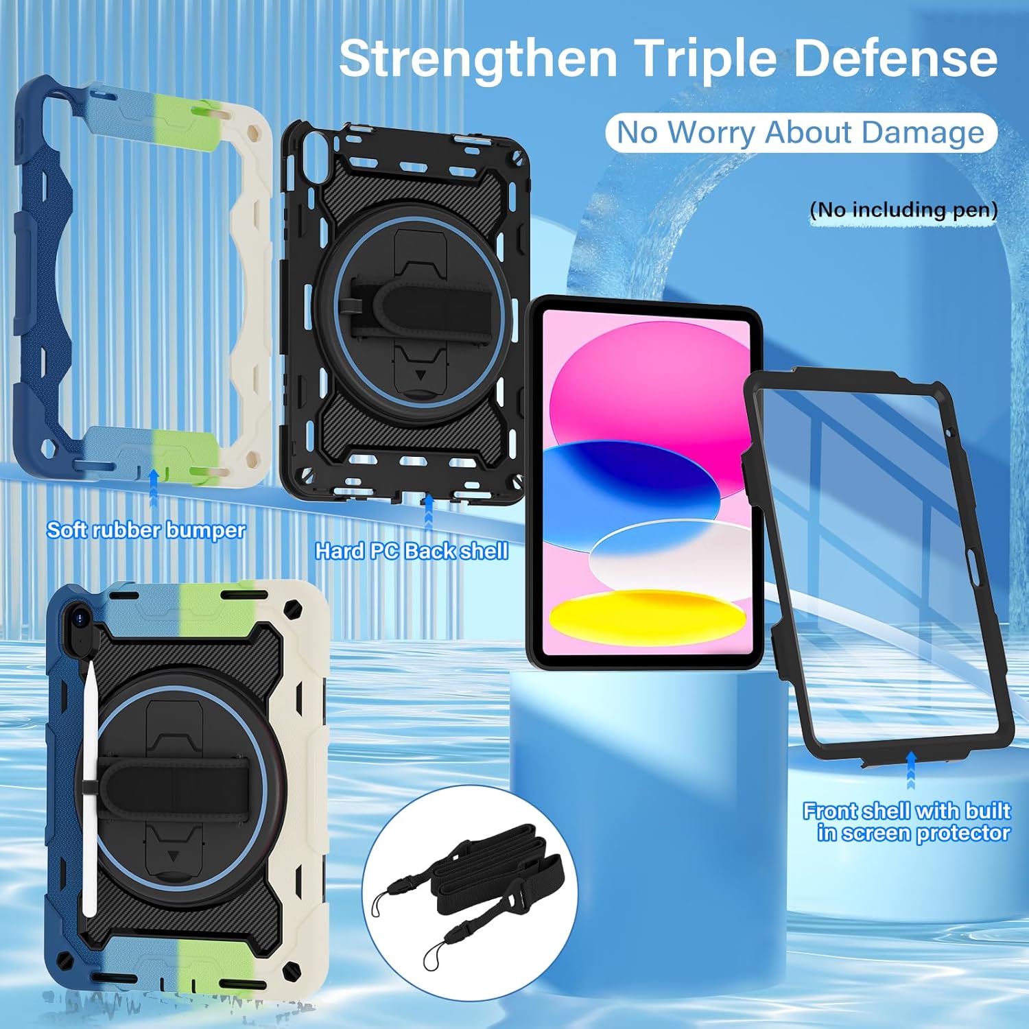 Case for iPad A16 11 Inch 11th Generation 2025, iPad 10th Generation Case 10.9" for Kids with Screen Protector, 360 Kickstand Hand Strap, Shoulder Strap, Heavy Duty Shockproof Drop Protection