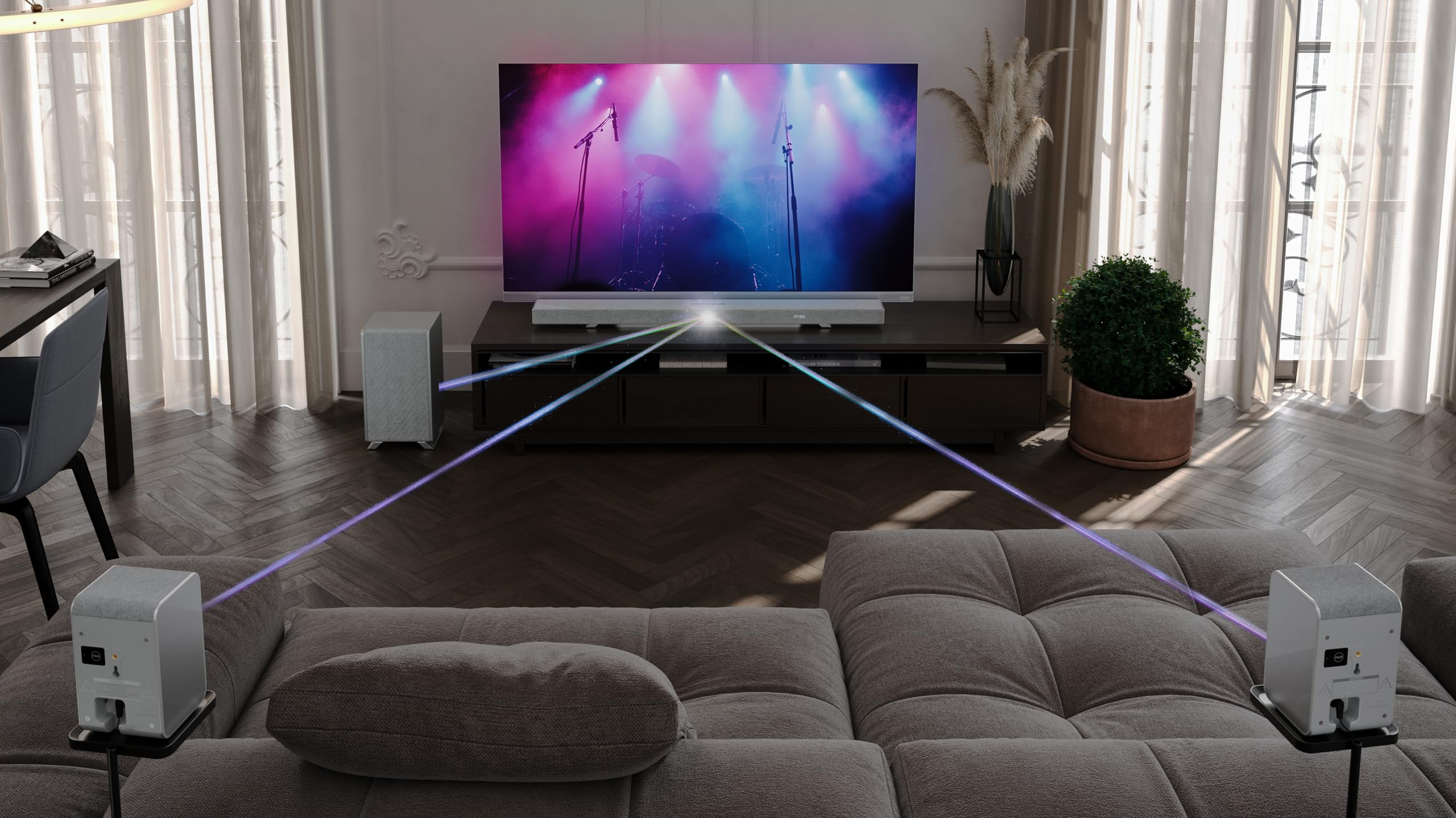 SHARP HT-SBW53121(SL) Soundbar 3.1.2 Dolby Atmos/DTS:X, subwoofer inalámbrico, barra de sonido elegante y potente con altavoces que emiten hacia arriba, sonido envolvente 3D. P. Maxima 550w color Gris