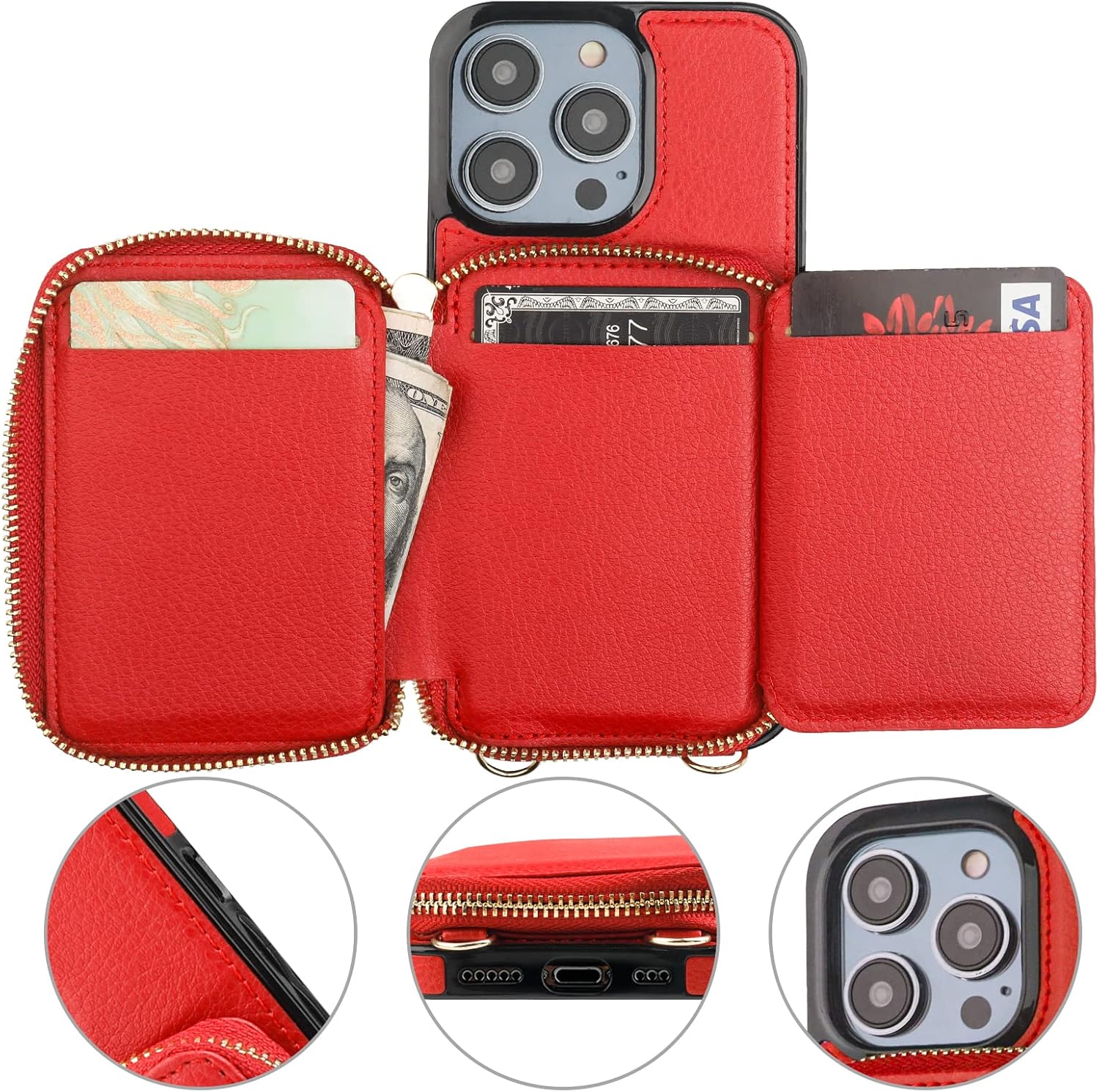 Bocasal RFID Blocking Wallet Case for iPhone 14 Pro, Adjustable Crossbody Zipper Purse Case Card Holder with Kickstand Detachable Wrist Strap, PU Leather Flip Folio Case 6.1 Inch 5G (Red)