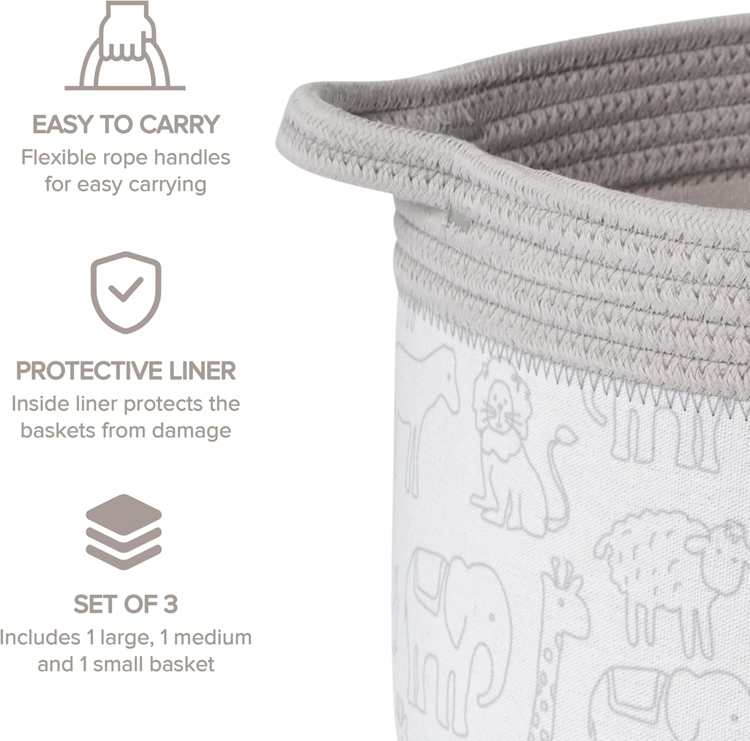 RGI Home Decorative Storage Baskets with Zoo Animal Prints, Set of 3 Round Fabric Rope and Linen Bins for Nursery or Playroom Organization, Multi-Sized with Easy-Carry Handles, Vapor Blue and White