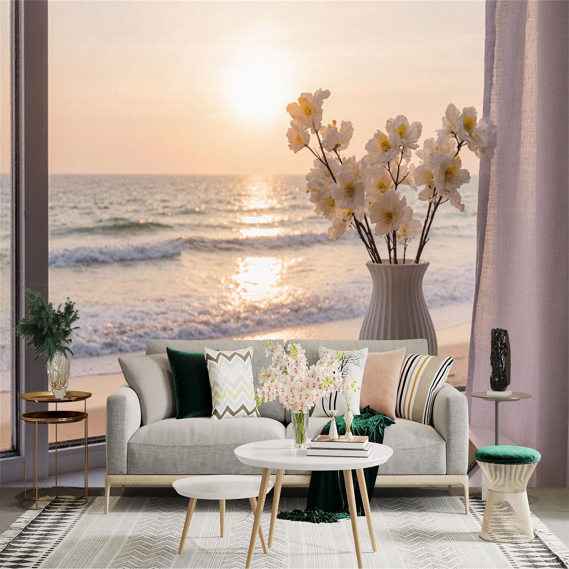 Custom Size Wall Sticker Mural， White Flowers in Vase by Ocean Window， Sunset Seascape， Open Book， Relaxing Coastal View， for wall Decoration， peelandstick wall Decals.