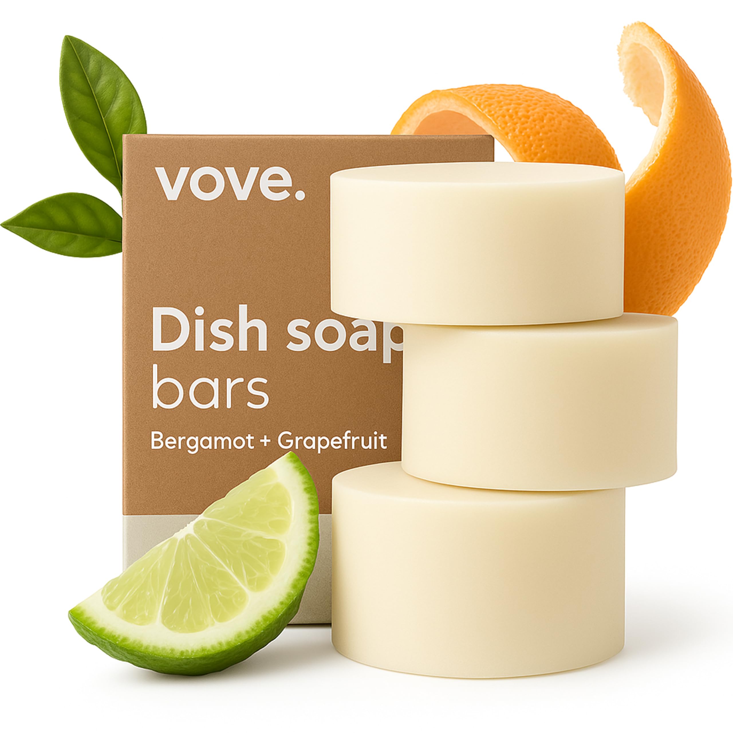Vove Washing Up Soap Bar, 3 Pack, Coastal Citrus Mint with Mandarin, Spearmint, Cypress & Bergamot, Plant-Based, Plastic-Free