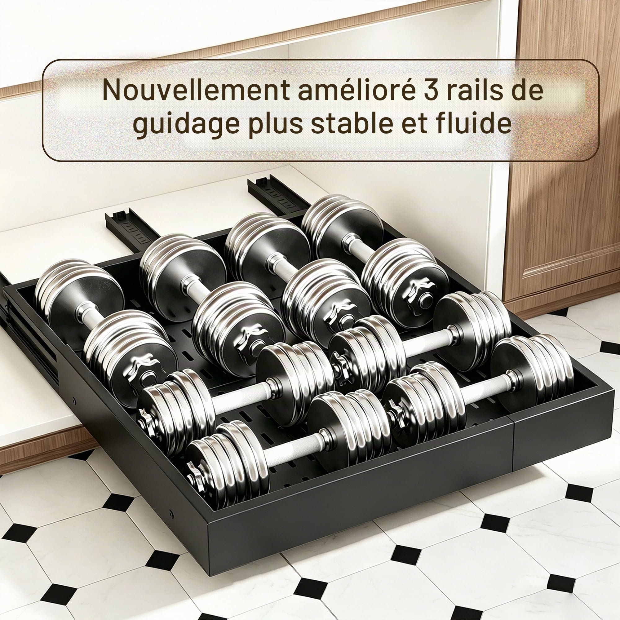 Lot de 2 Tiroirs Coulissants de Cuisine à 4 Directions, Noir | Tiroir Télescopique, Largeur 30-48cm & Profondeur 36-55,5cm, pour Armoires avec/sans Cadre, Structure en Métal, Sans Perçage