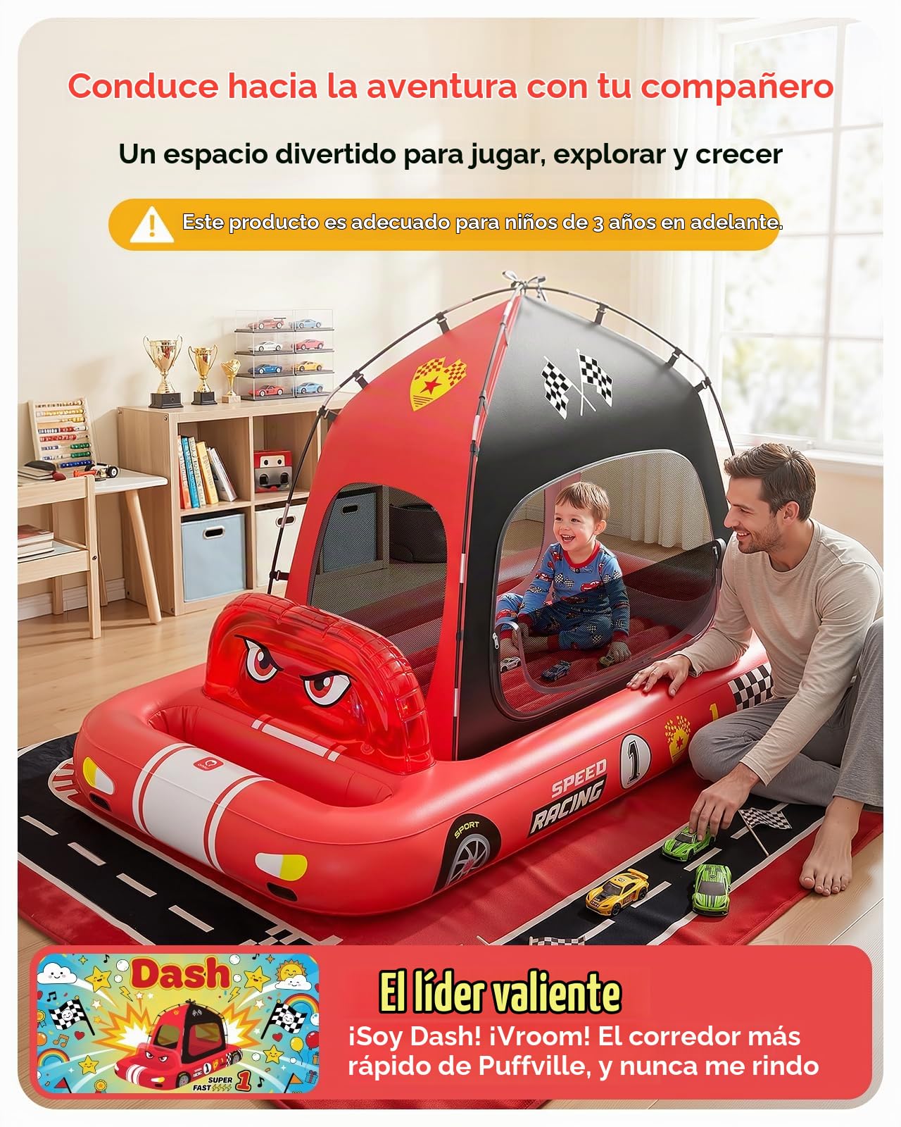 QPAU Colchón de aire en forma de coche de carreras para niños con tienda de campaña y bomba, colchón de aire portátil para casa, viajes y camping, a partir de 3 años