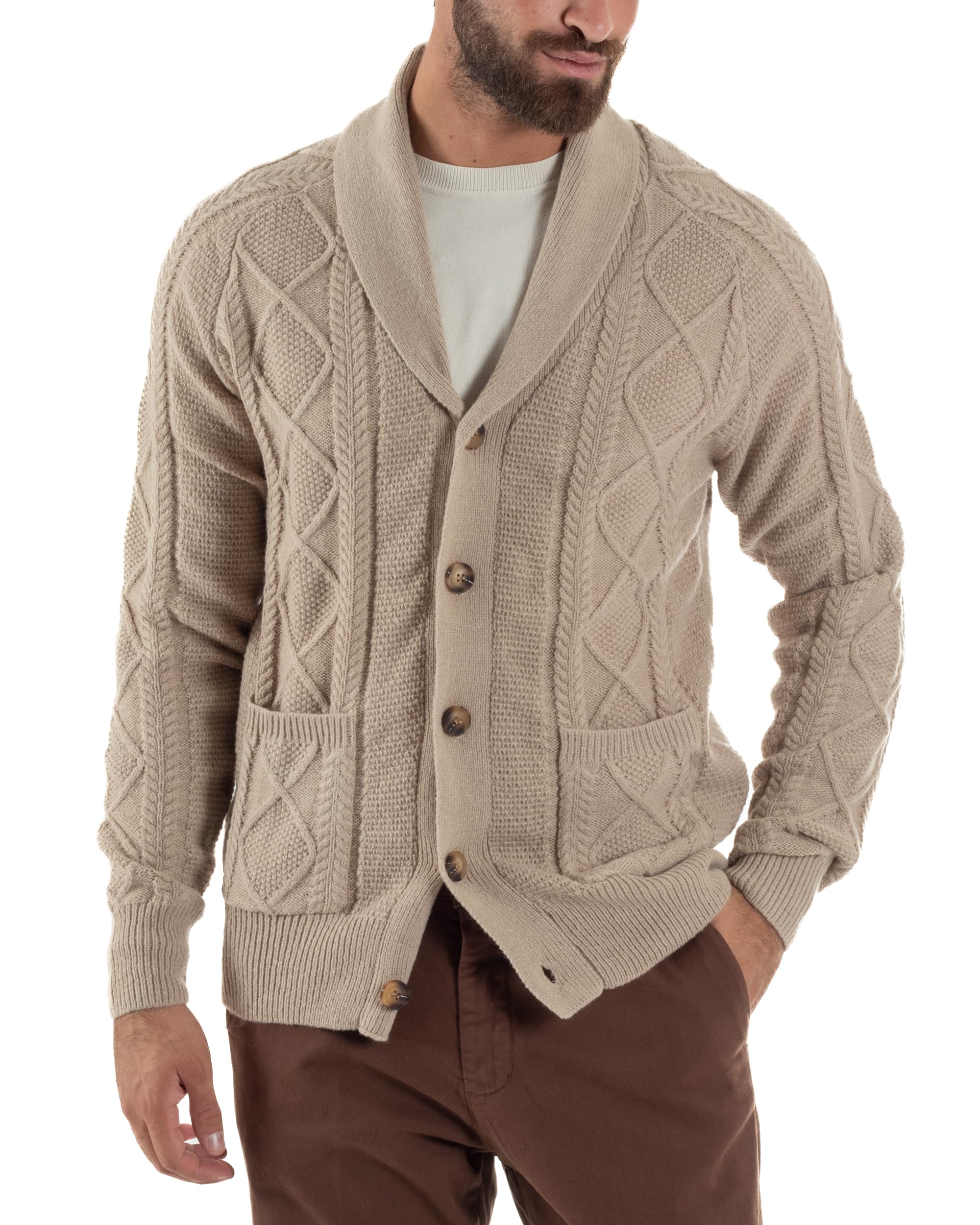 Cardigan Uomo Giacca con Bottoni Maglia Collo Sciallato Maglione con Trecce Vari Colori Casual