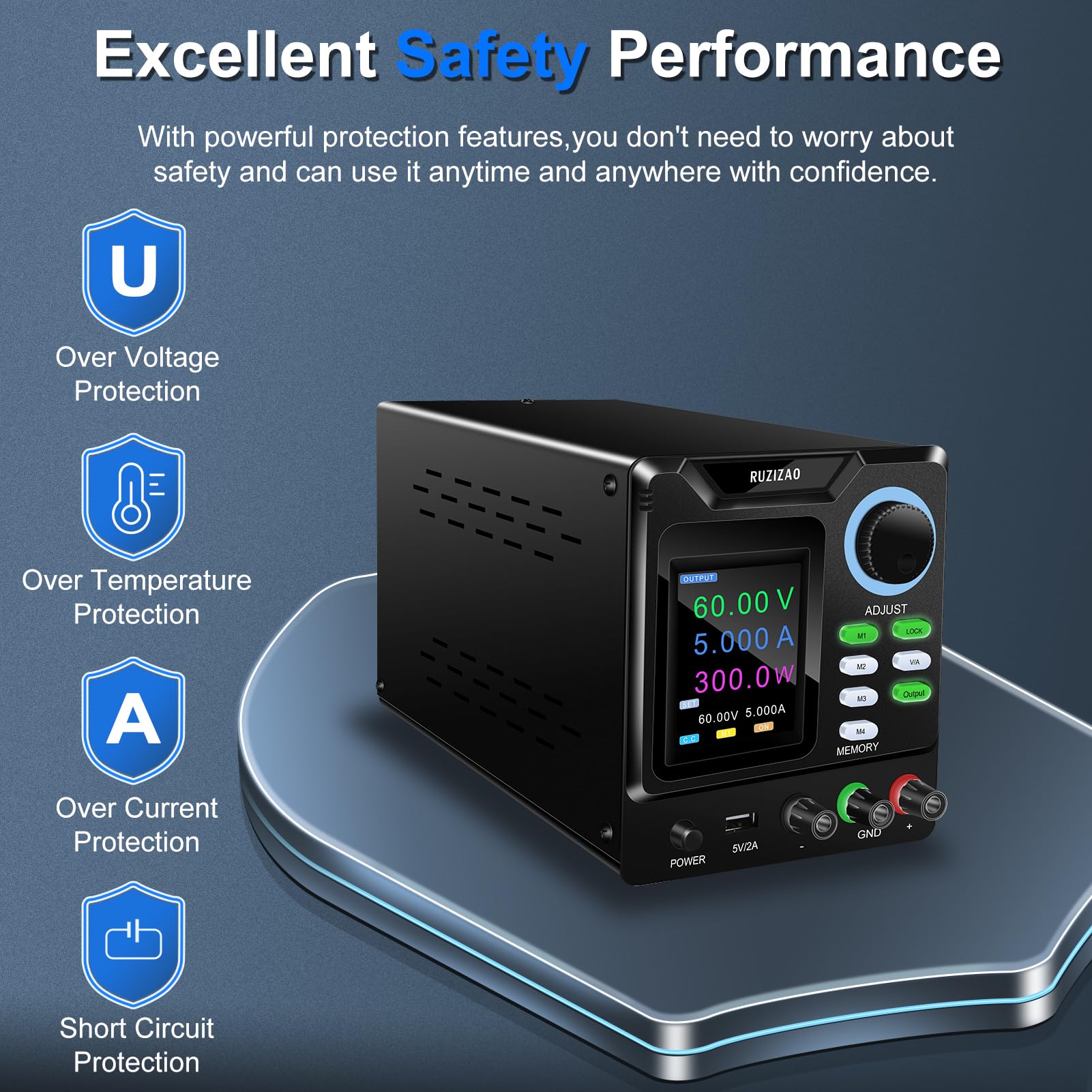 Alimentatore da Banco Programmabile 60V 5A, Alimentatore da Laboratorio con Memoria/OUTPUT/Encoder, Alimentatore Regolabile Variabile con Software, Pulsante di Blocco e Porta di Ricarica USB