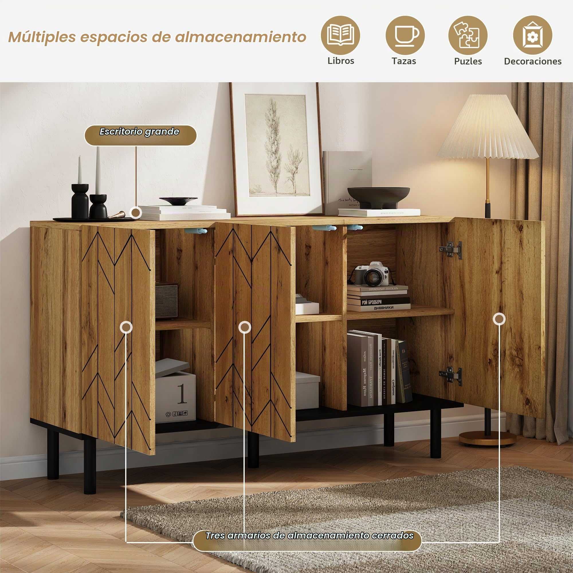 MURUL Aparador moderno de 120 x 35 x 70 cm, con 3 puertas y taquillas, diseño ondulado, de madera aglomerada resistente con patas de metal, soporta hasta 50 kg, para salón, comedor, pasillo, color
