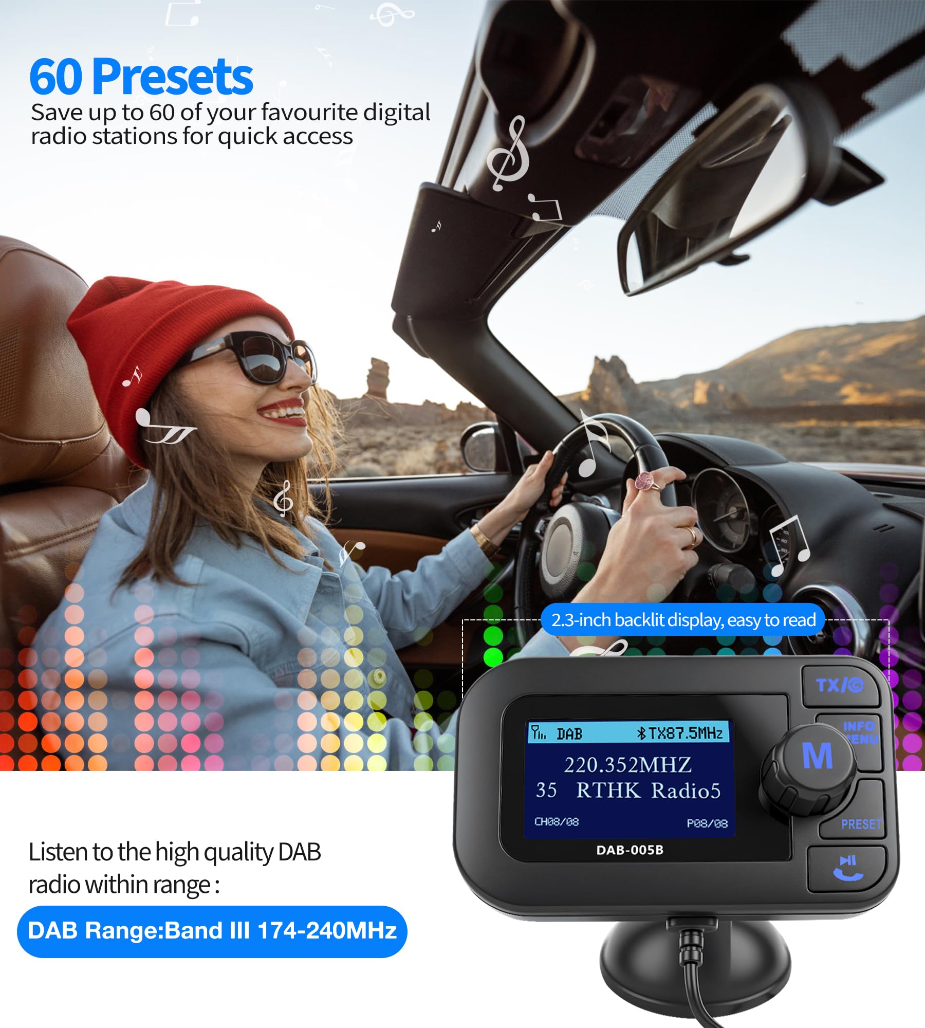 DeeprBlu DAB Adapter für Autoradio, 2.3" DAB Plus Radio Auto FM Transmitter DAB+ Digitales Radio Adapter mit Bluetooth Freisprechanruf,Autoradio Bluetooth DAB+Aux Out+USB KFZ Ladegerät+TF Musikplayer