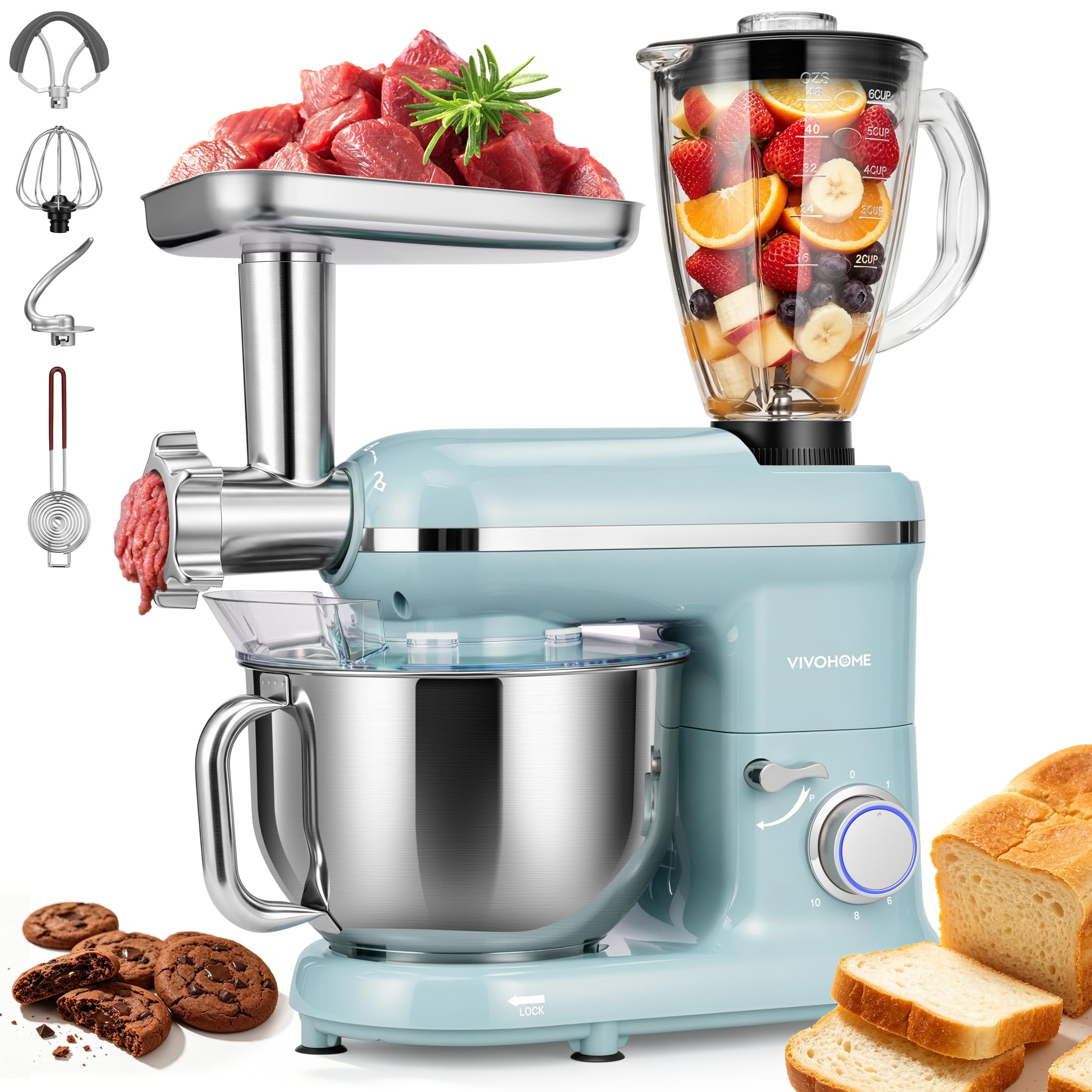 VIVOHOME 3-in-1 Stand Mixer, 6-Quart Tilt-Head Mixer, 10 Speeds, Blue