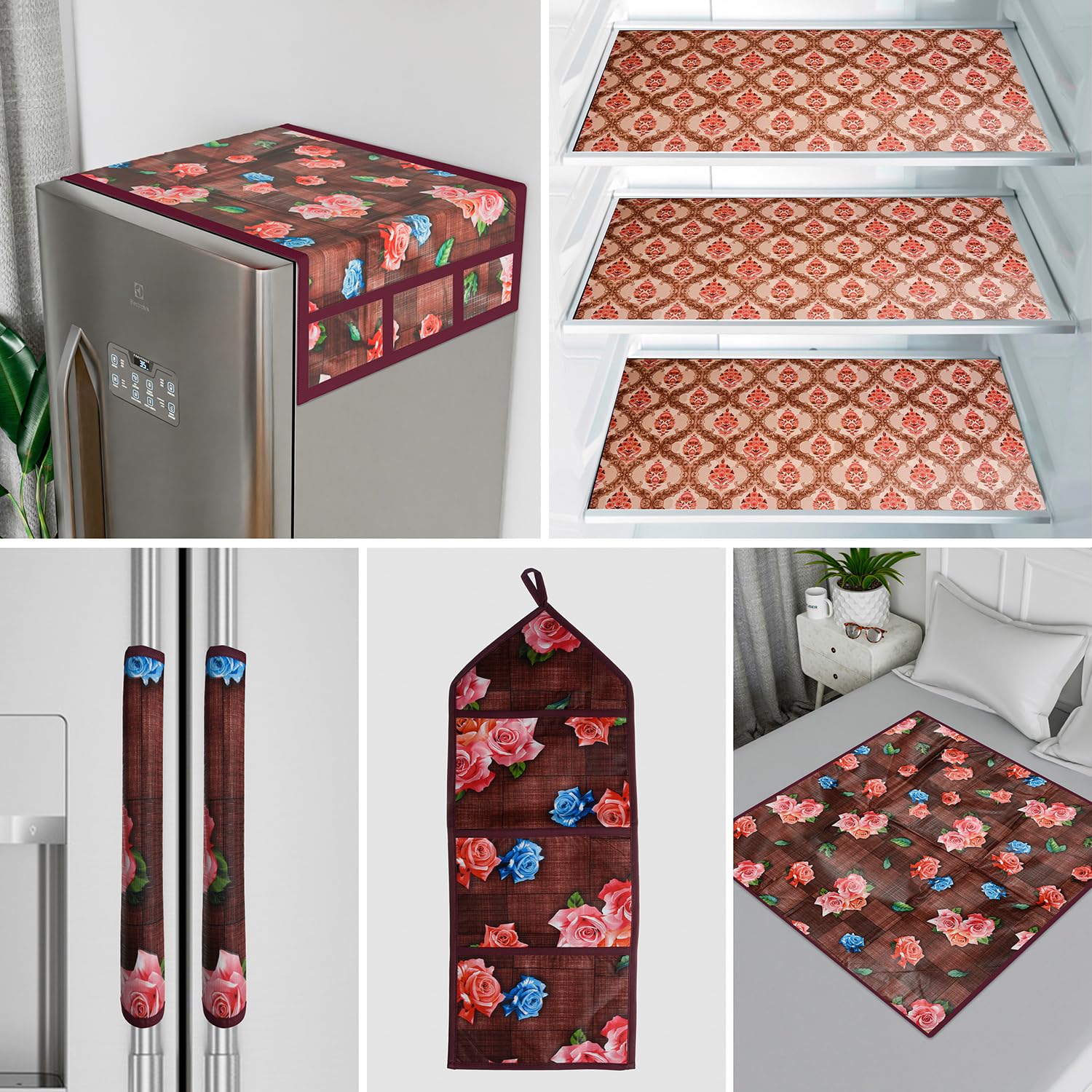 Kuber Industries Food Mat | Fridge Combo Set | Fridge Mat | Reversible Bed Server Mat | Gulab 7 Pcs Fridge Top Combo | Hanging Organizer | Maroon