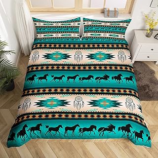 Horse Duvet Cover Dreamcatcher Bedding Set for Boys Child Teens Men,Aztec African Tribal Horse Printed Comforter Cover Western Farm Animals Quilt Cover Exotic Nordic Style Bedroom Decor,Queen