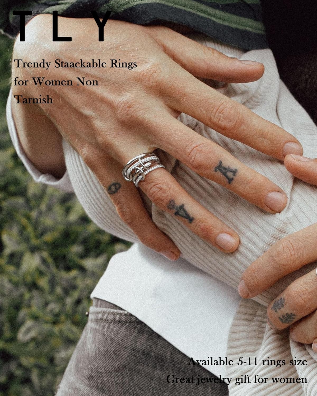 TLY Gold Silver Stackable Rings for Women Mixed Metal Interlocked Statement Ring Stack 14K Gold Plated Cubic Zirconia Fashion Two Tone Connected Bands Size 4-11 Valentines Day Jewelry gifts - Image 2