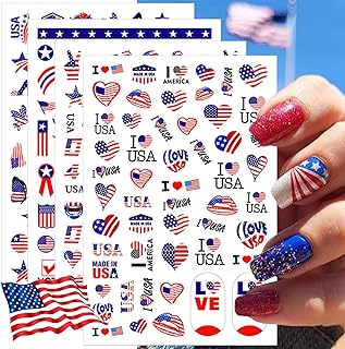 8 Sheets 4th of July Nail Stickers, Independence Day Patriotic Nail Decals, 3D Design Self-Adhesive Memorial Day USA Flag Star Nail Art