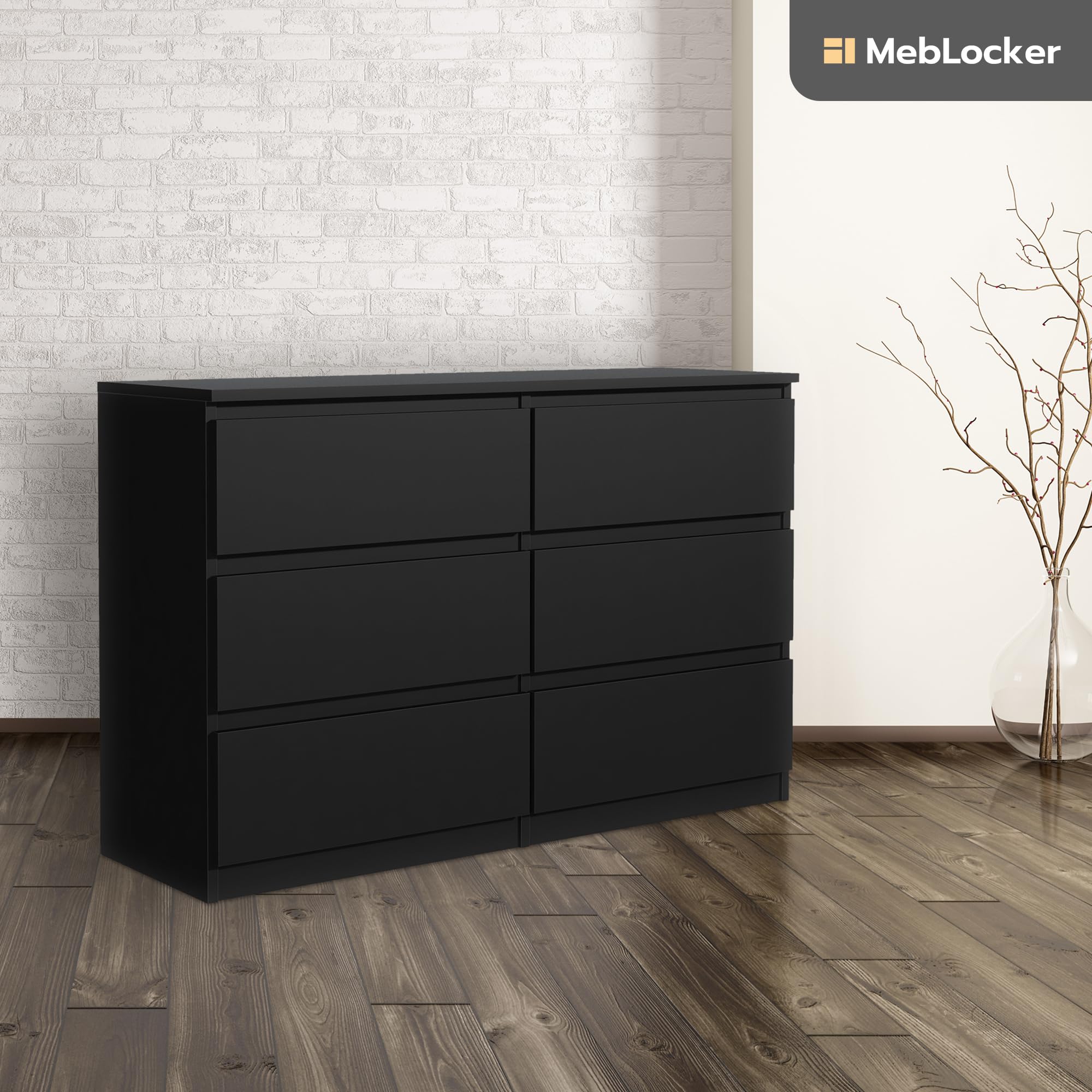 Commode Chambre 6 tiroirs Noir 138,5x78,5x39 cm - Meuble Salon - Commode Haute Entrée - Meuble de Rangement Chambre
