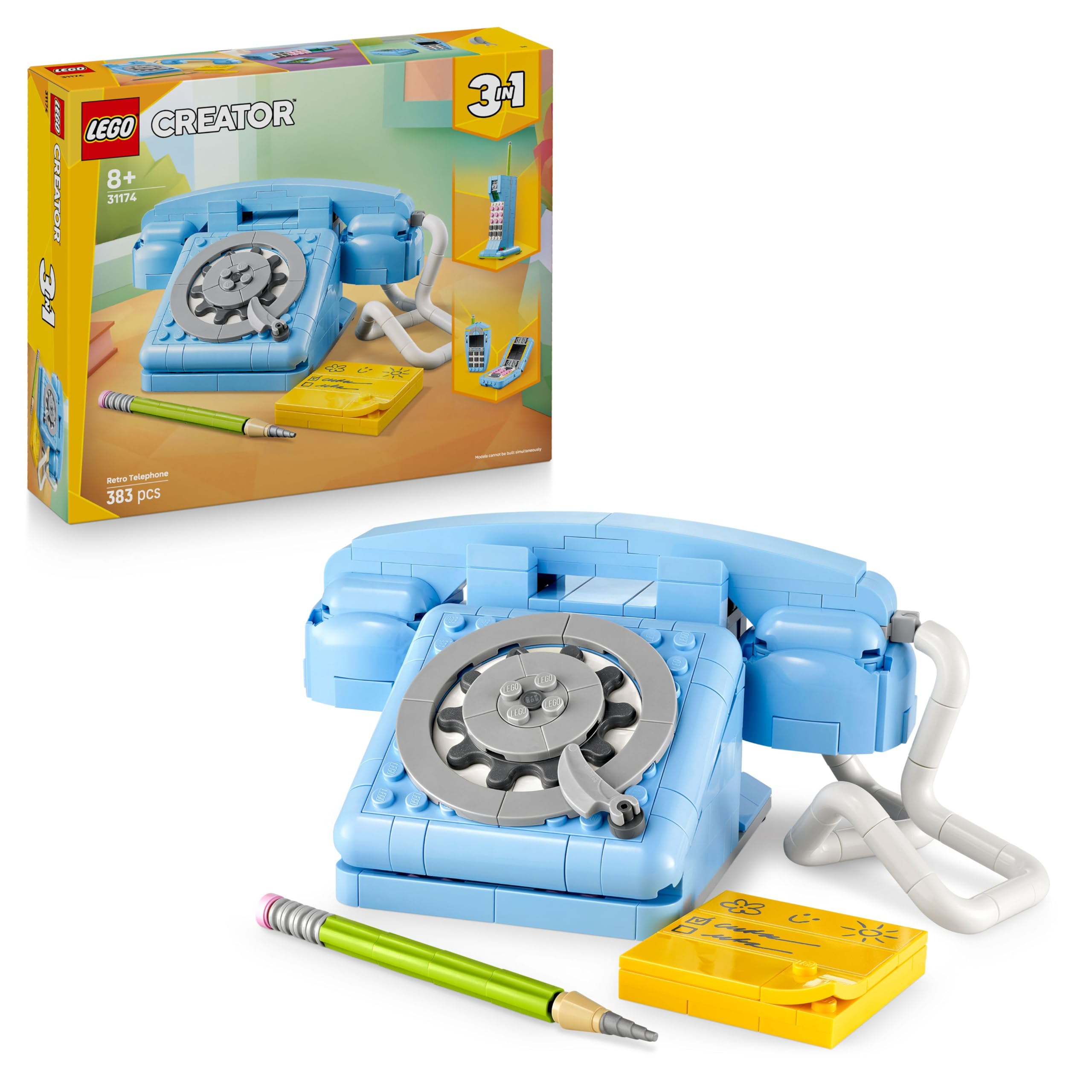 LEGO Creator 3-in-1 Retro-Telefon Spielzeug mit Wählscheibe – verwandelbar in EIN 1980er-Modell oder Zwei Mobiltelefone aus den 2000ern – kreatives Geschenk für Kinder ab 8 Jahren – 31174