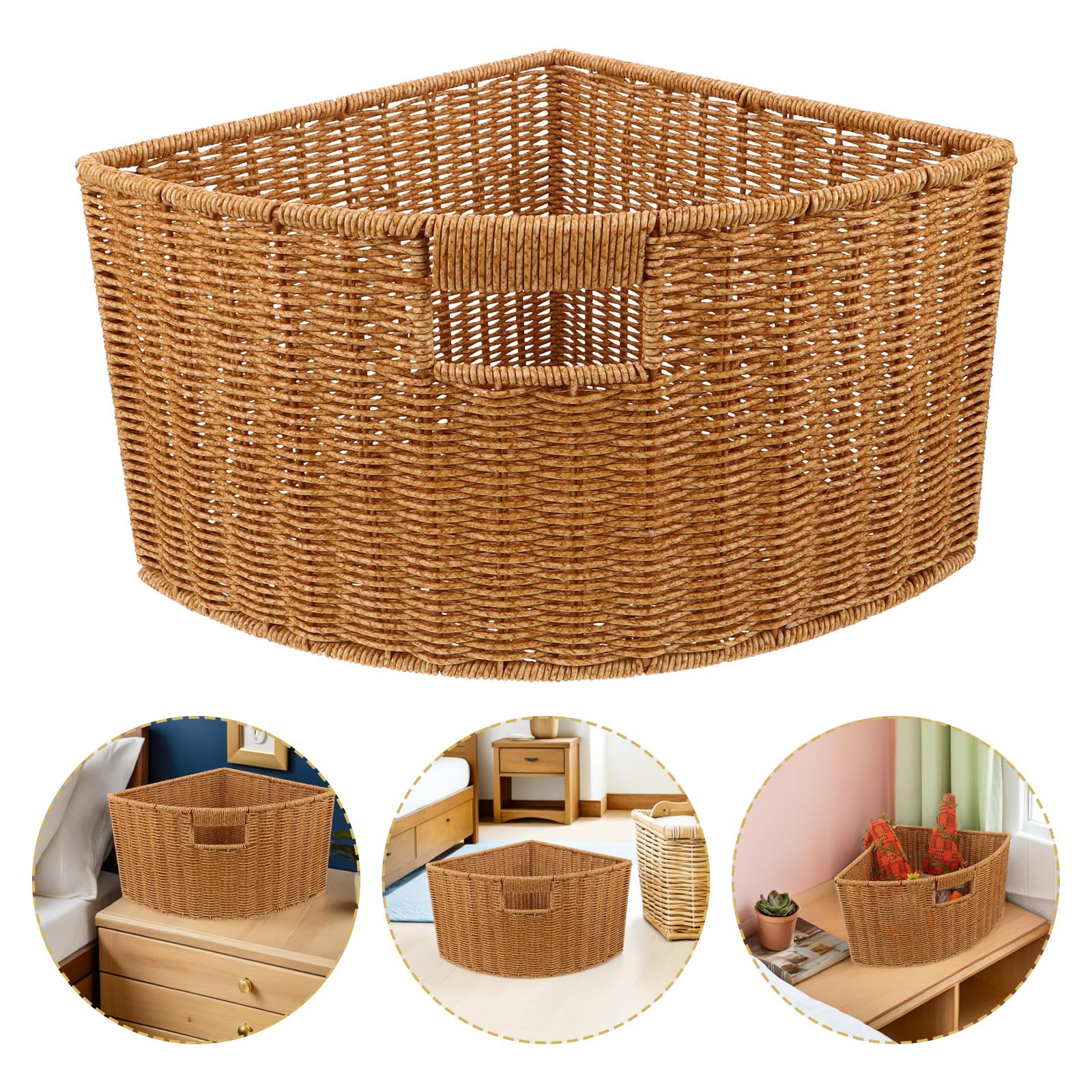 ifundom Cesto Portabiancheria Angolare in Plastica Effetto Rattan 39X28X20 CM, Organizer Triangolare Intrecciato per Lavanderia e Armadio, Contenitore Salvaspazio Resistente e Versatile